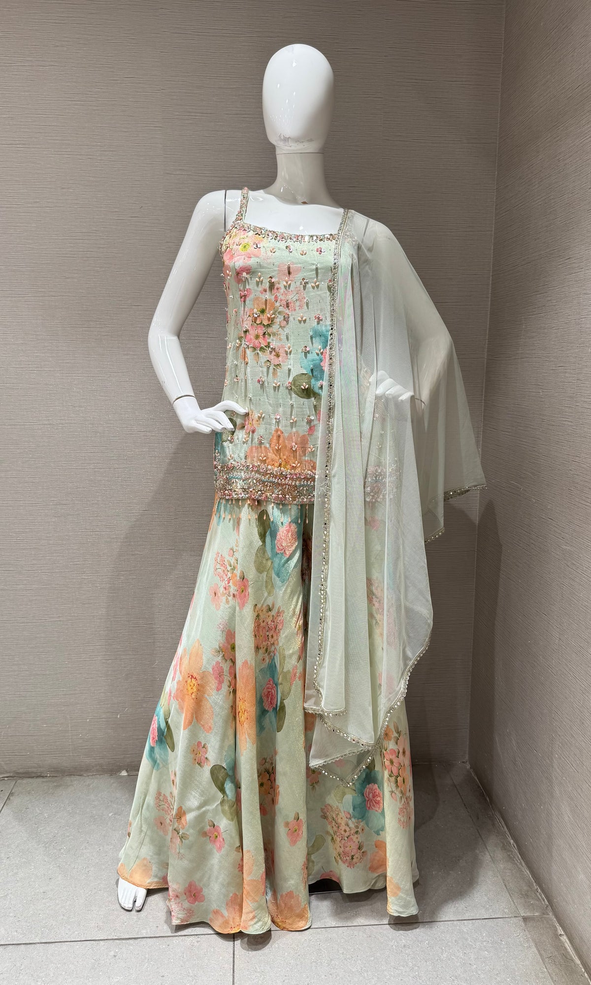 light green Silk Organza Floral Printed Peplum palazzo set