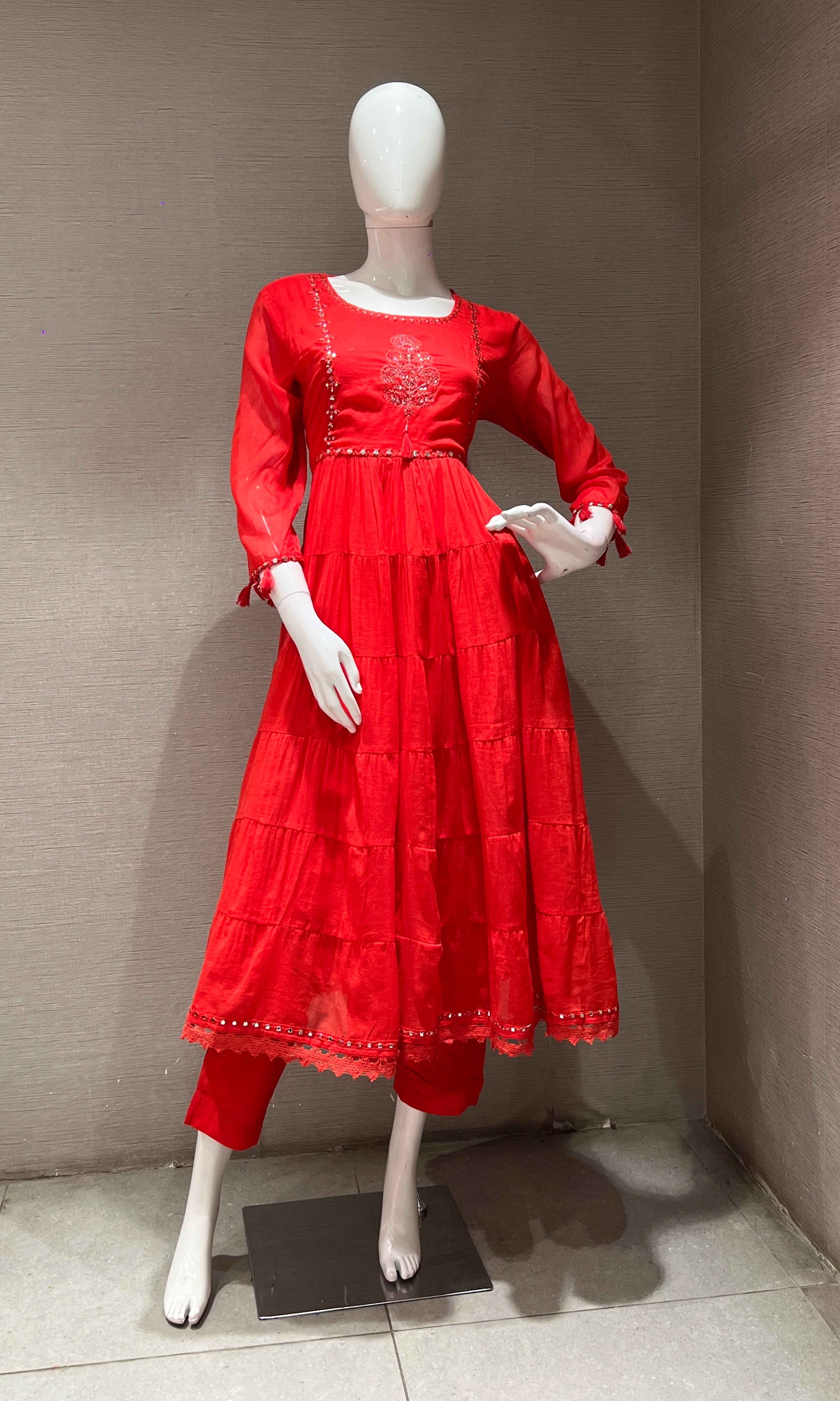 Red FLORAL MUL CHANDERI ANARKALI SET
