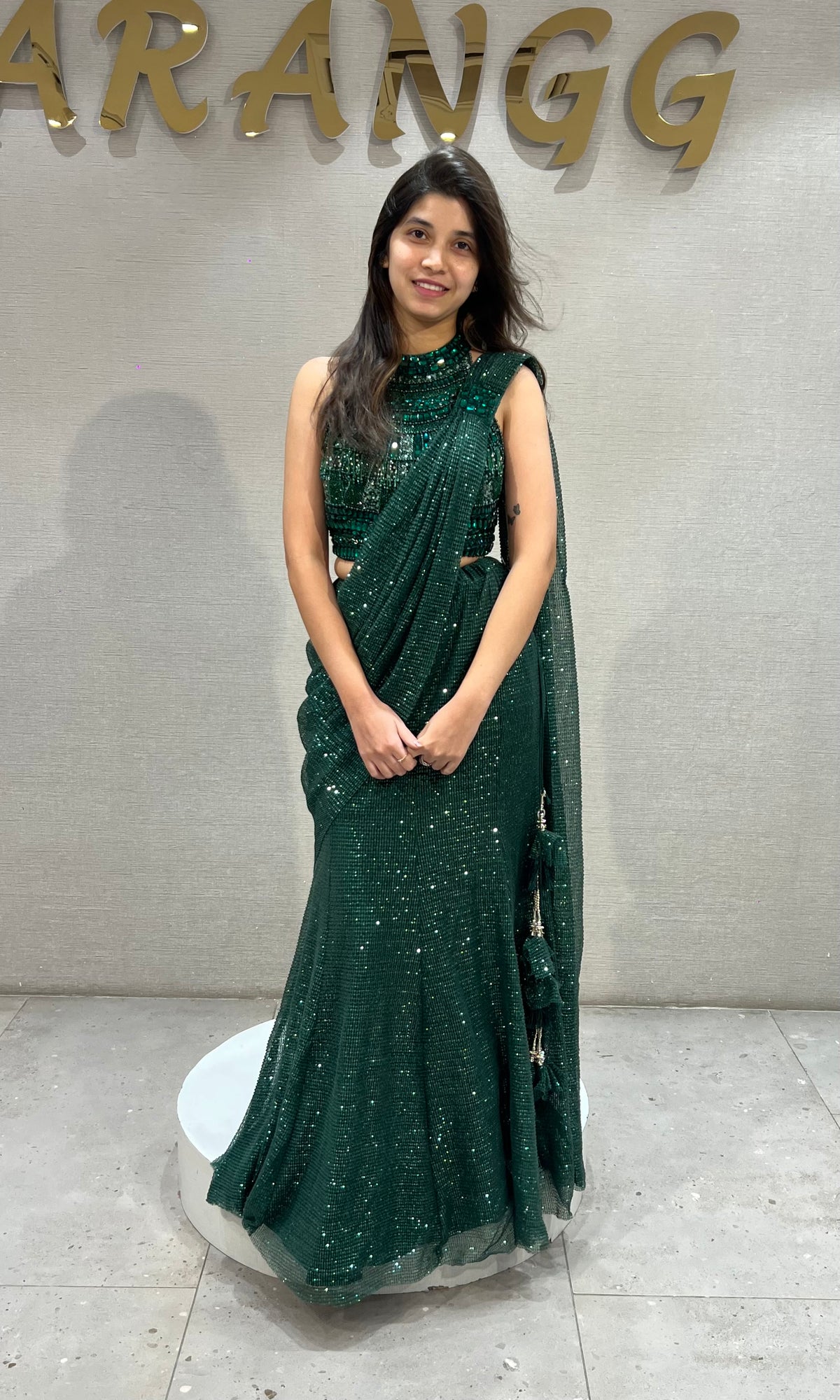Green Glamour Pre-Draped Saree with halter blouse
