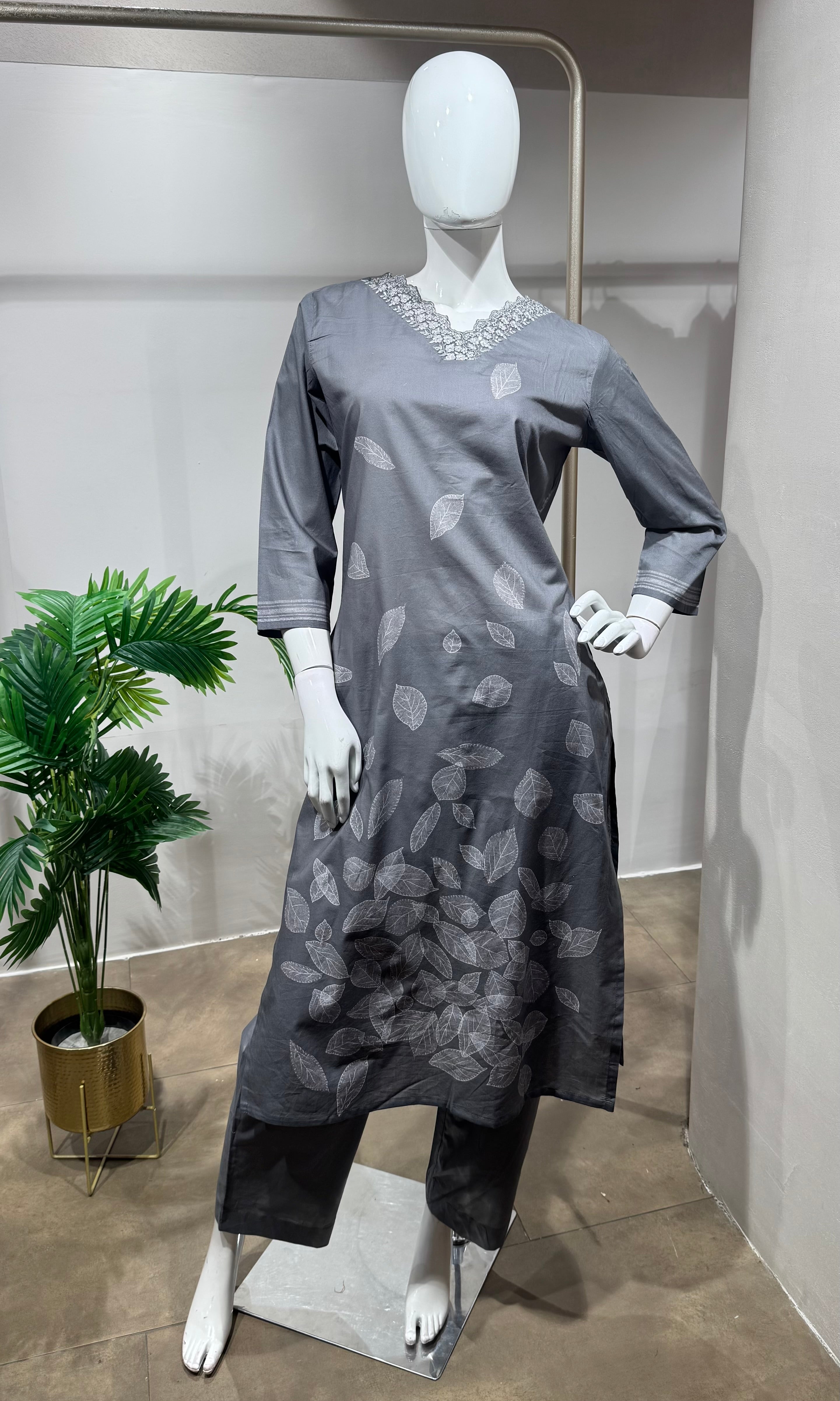 Grey leaf printed kurta set