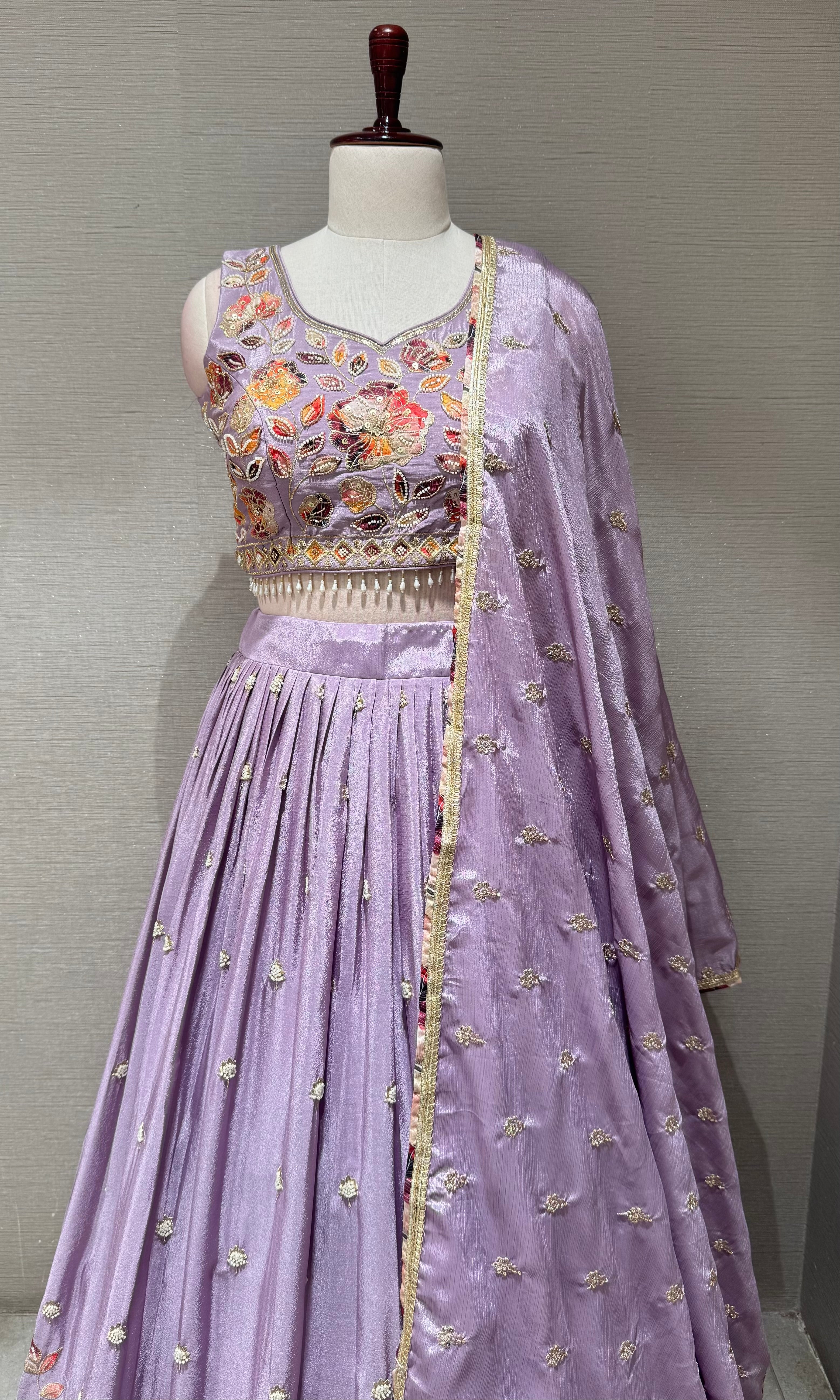 Lilac Tissue silk Multi Floral Crop Top Lehenga set