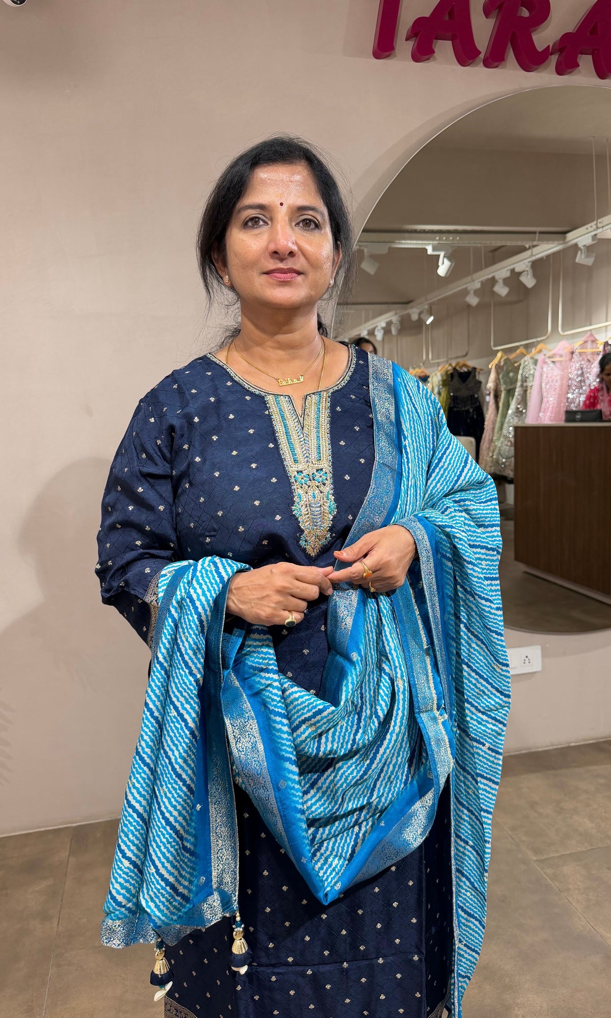 ROYAL BLUE RAYON SILK KURTA SET WITH STRIPED DUPATTA