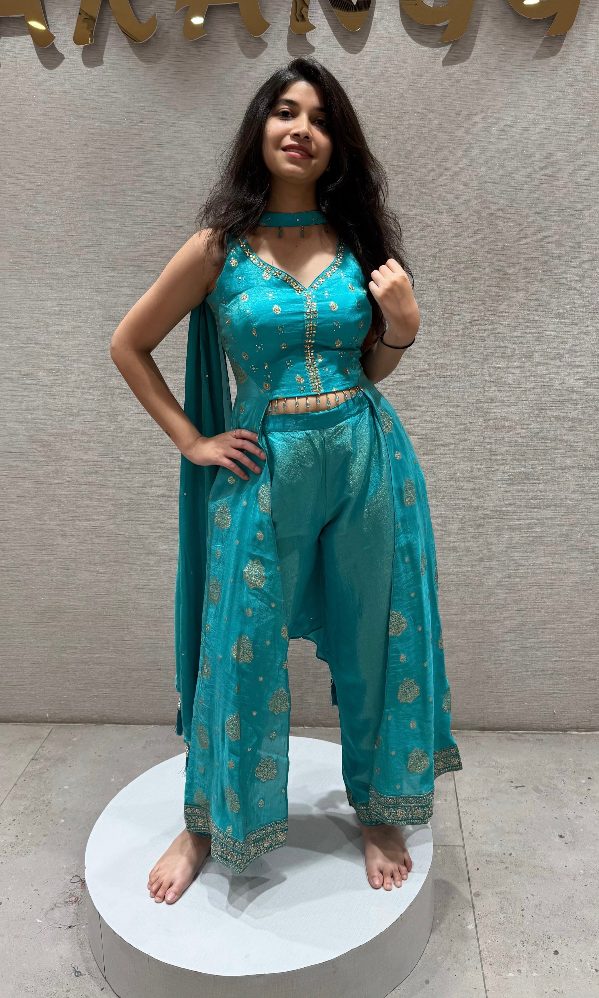 Aqua BLUE Slit Top & straight Pant Set