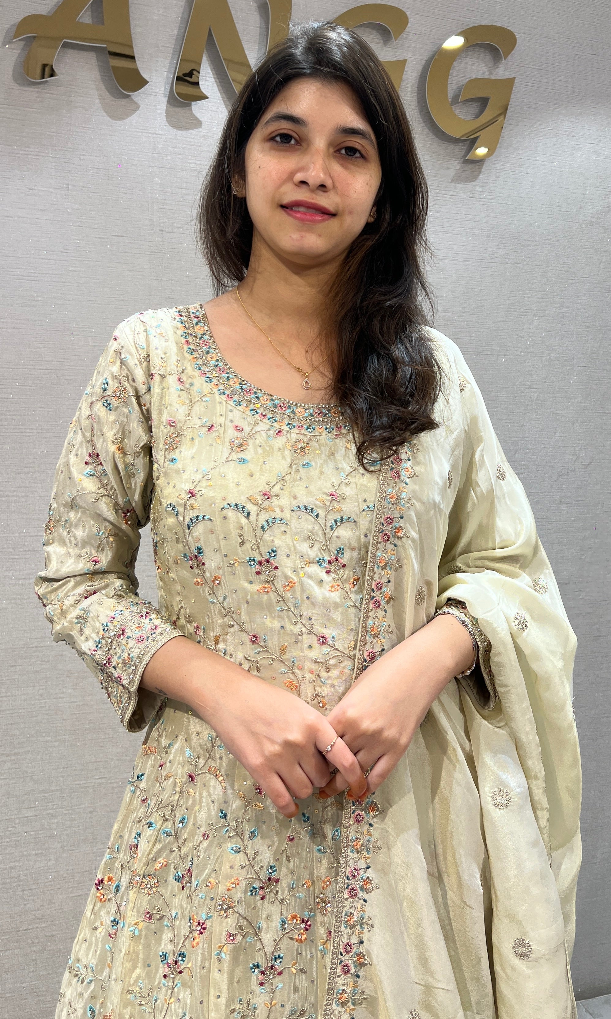 Cream Sequins and Beads Anarkali set with Dupatta