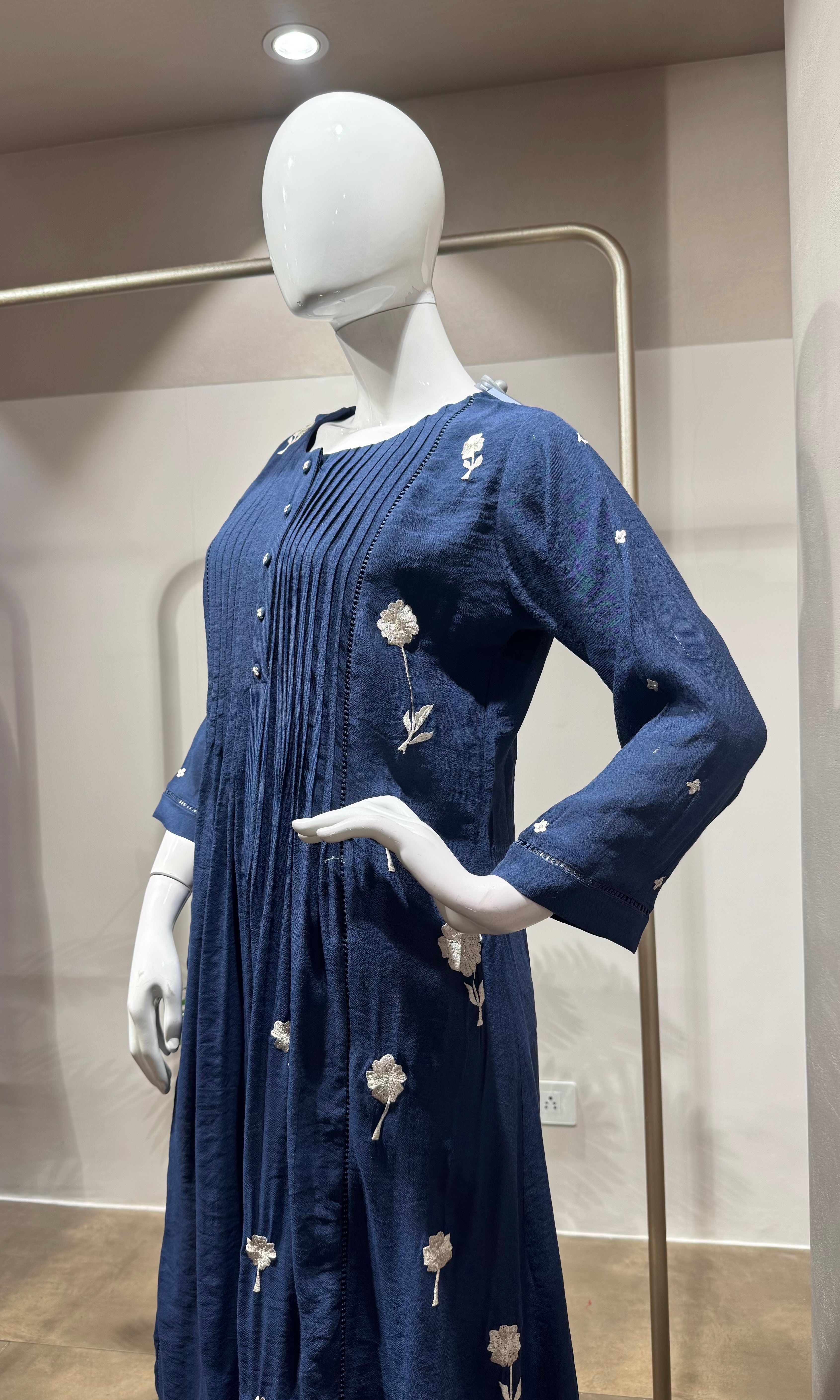 Navy Blue Pleated Cotton Kurta