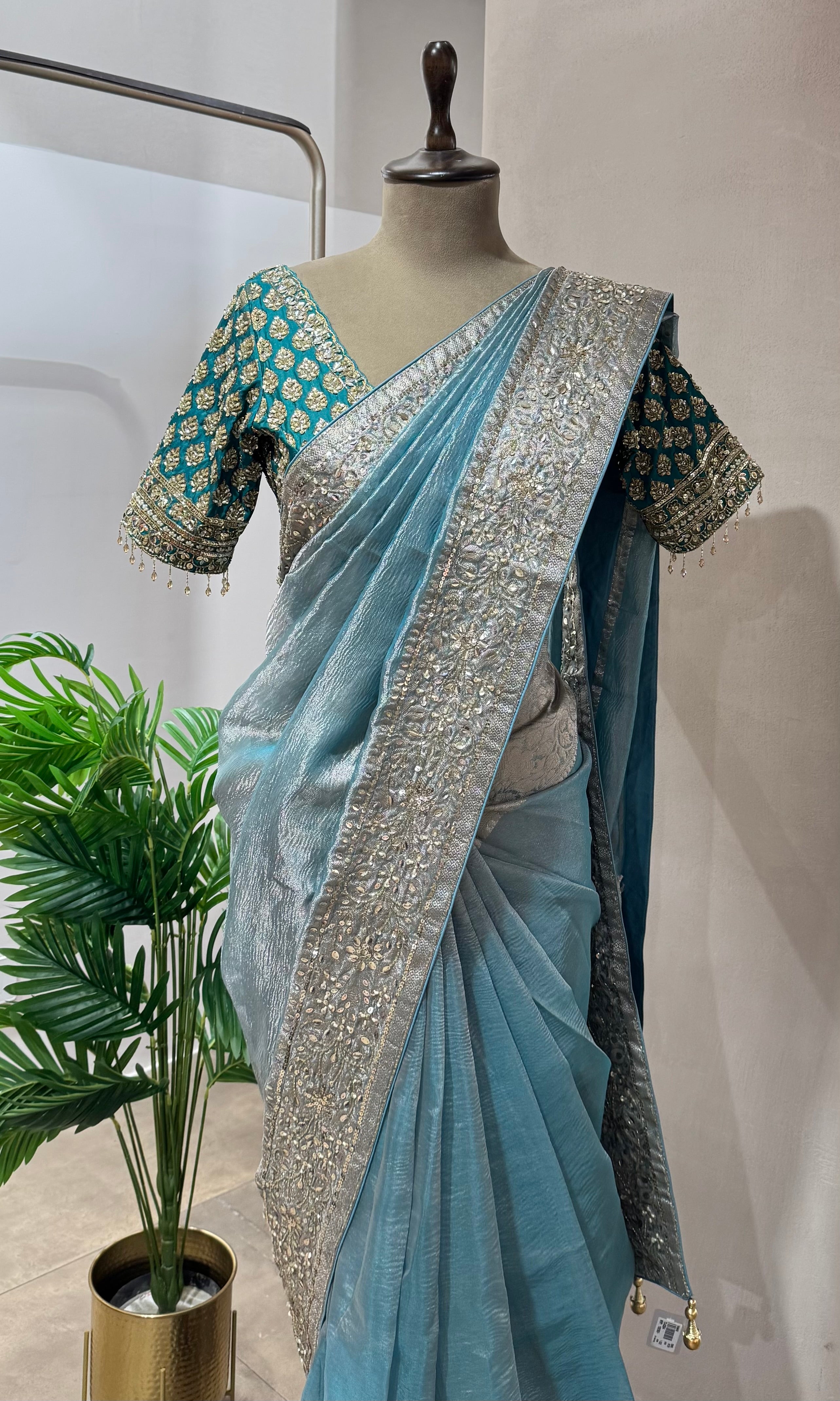 SOFT BLUE DESIGNER TISSUE SAREE WITH BLOUSE