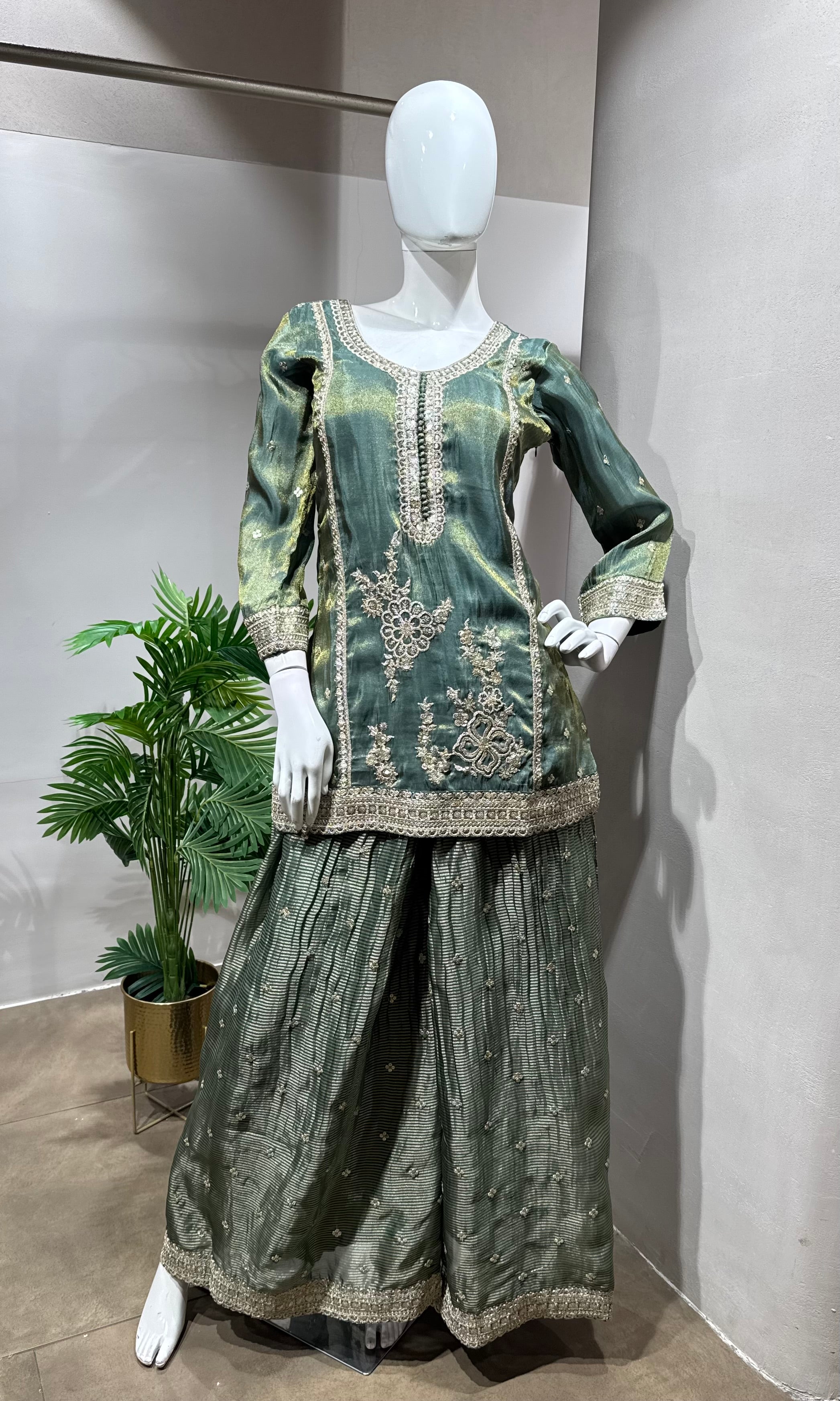 Green Embroidered Silk Sharara Set