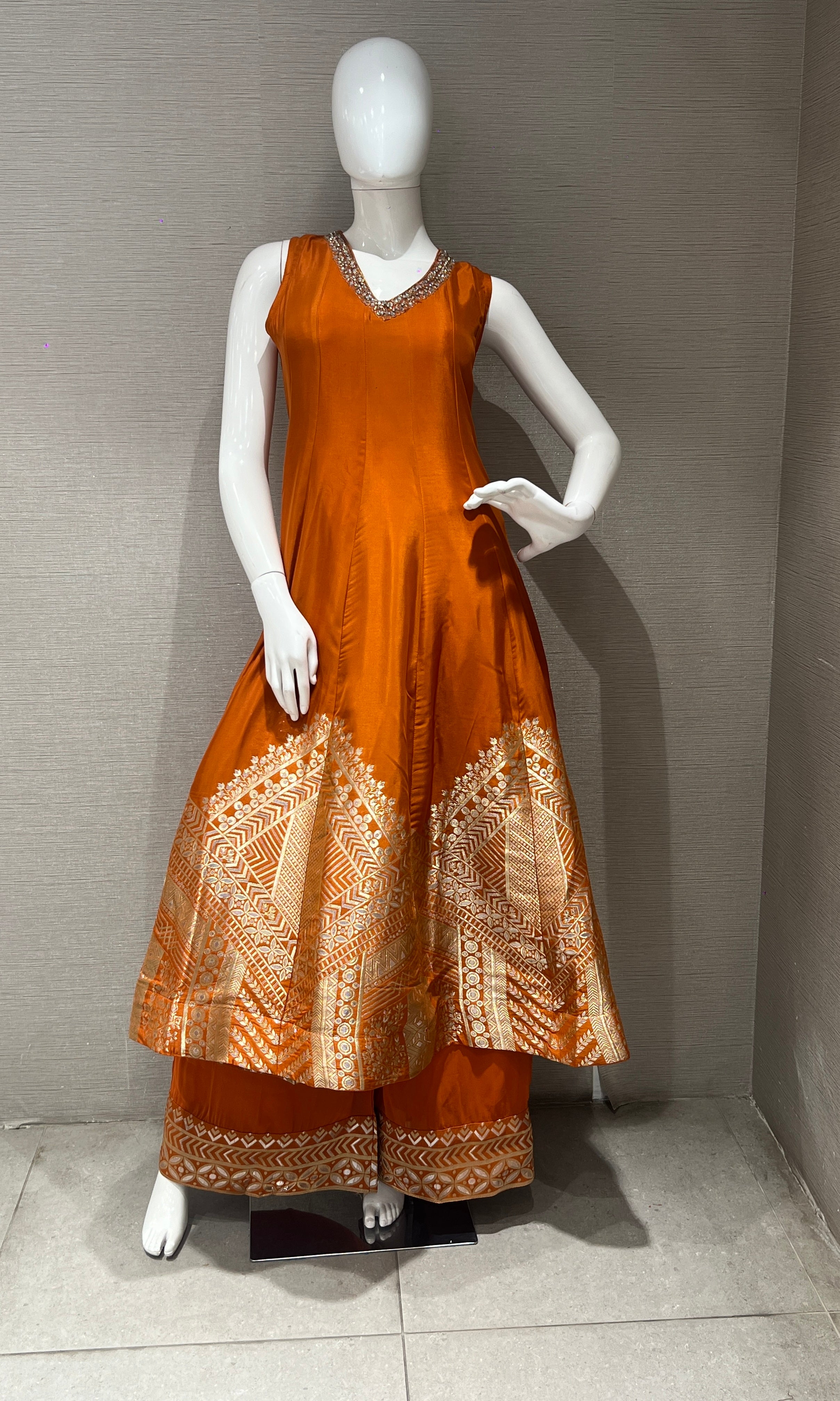 Orange Banarasi Anarkali with palazzo