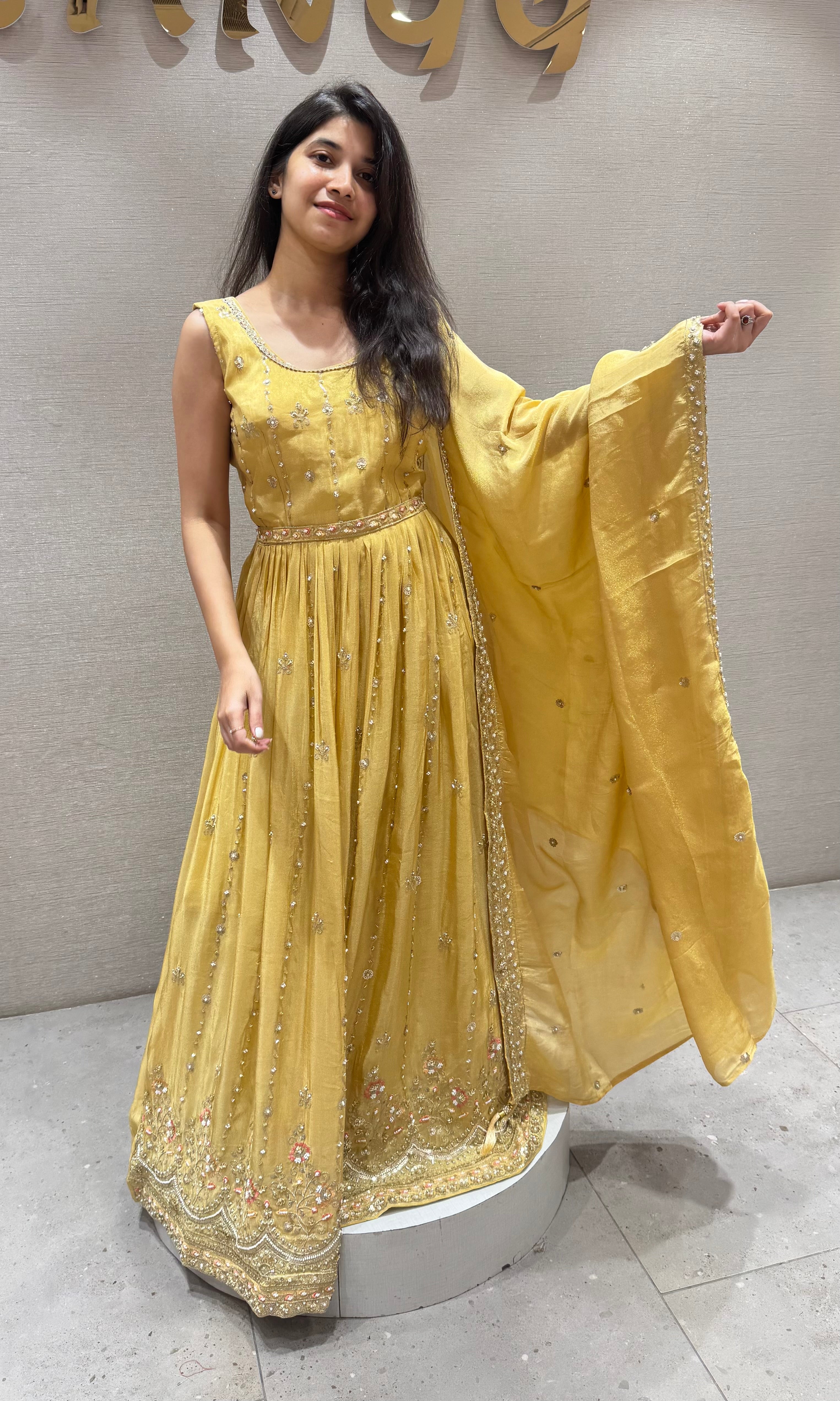 Light yellow golden embroidery anarkali