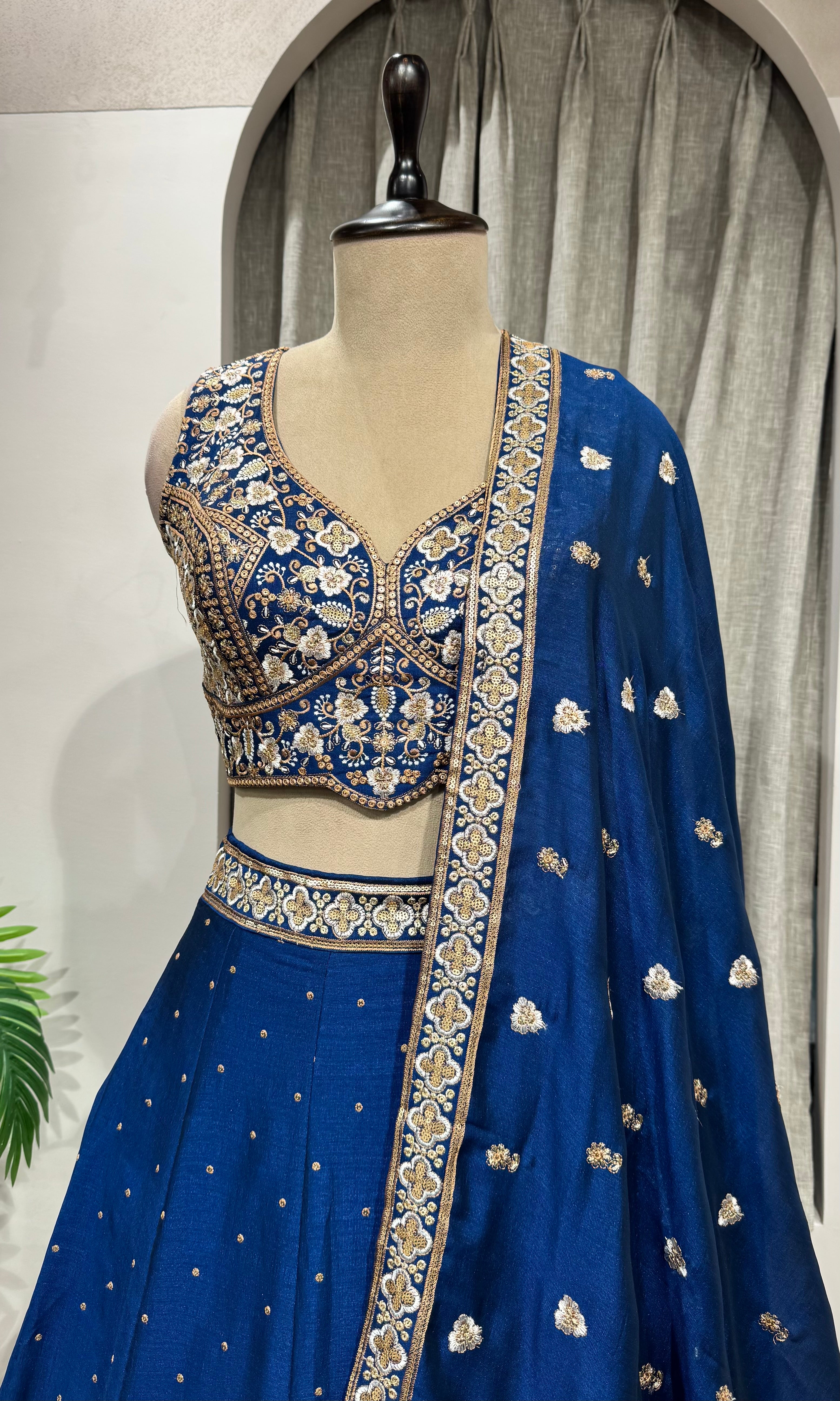 blue intricate silver & gold embroidery Lehenga