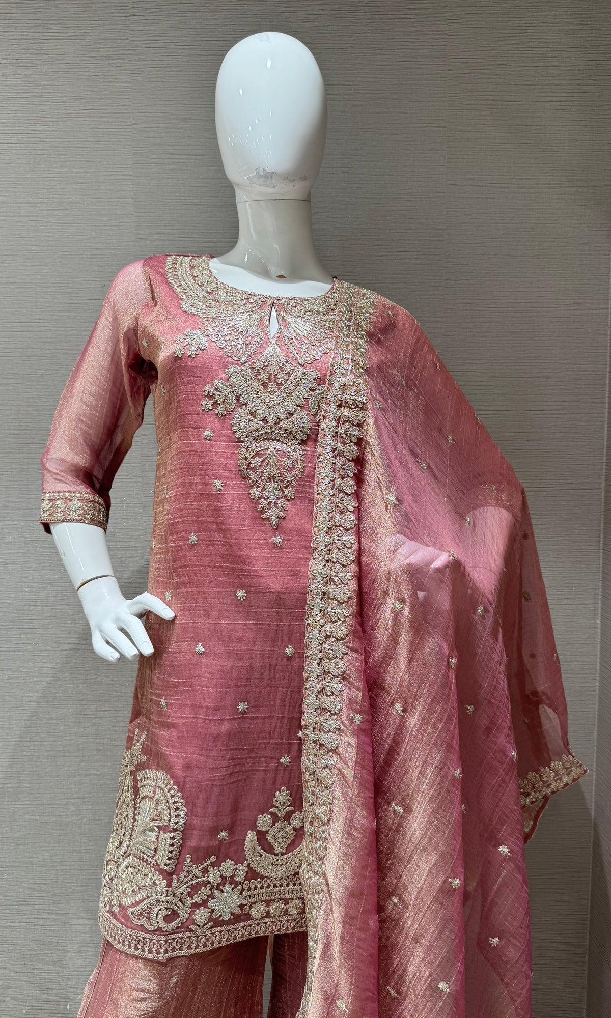 Pink Tissue Silk embroidered sharara set with dupatta