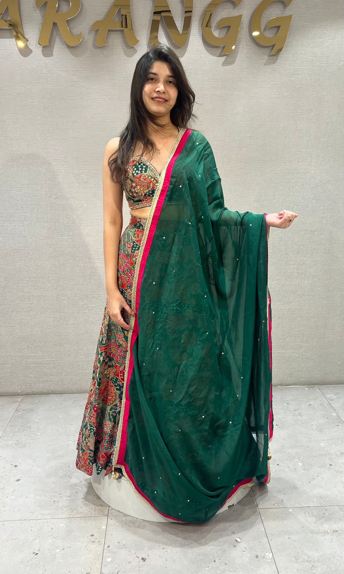 Green silk Intricate floral printed lehenga set