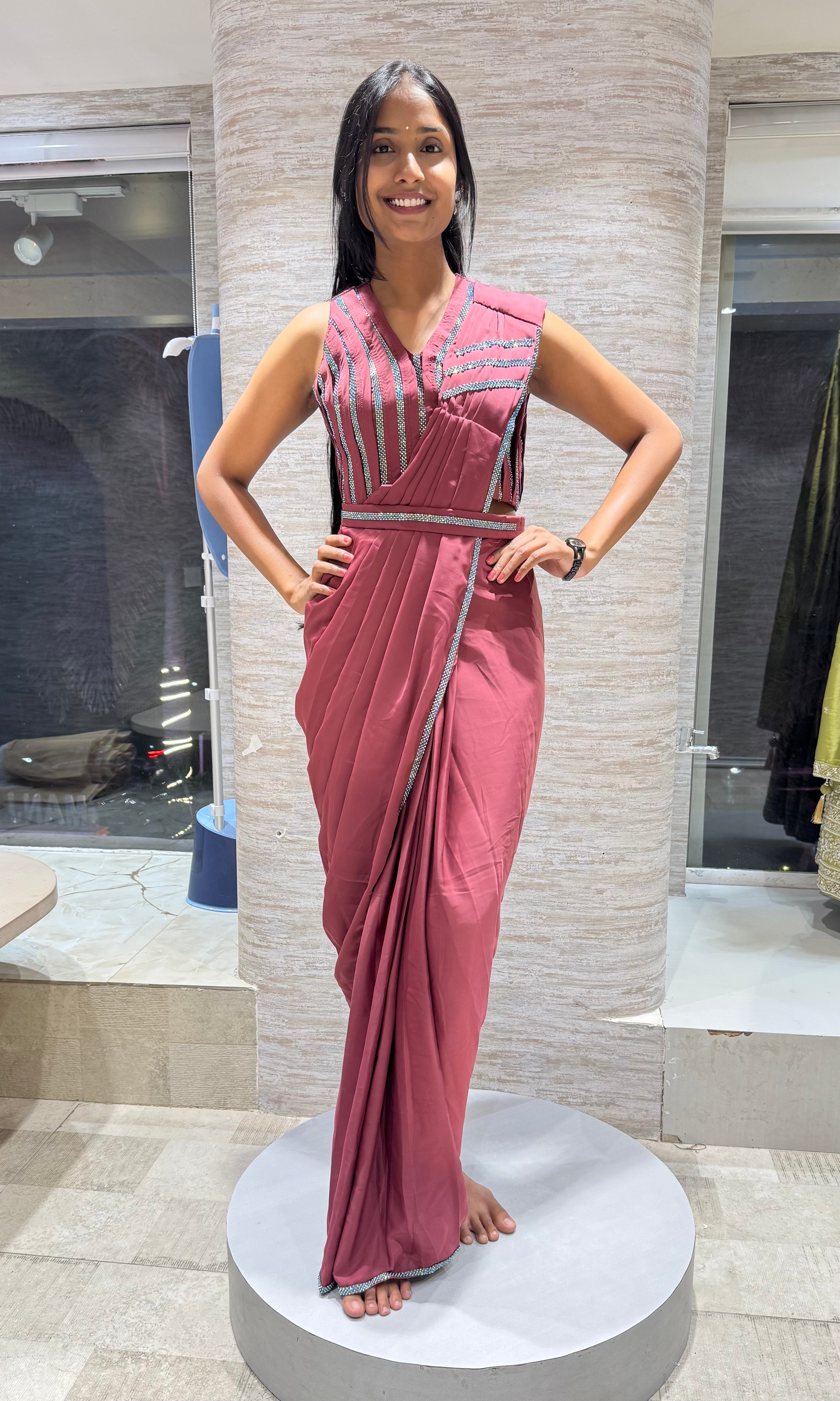 MAROON DRAPE SAREE WITH CORSET BLOUSE