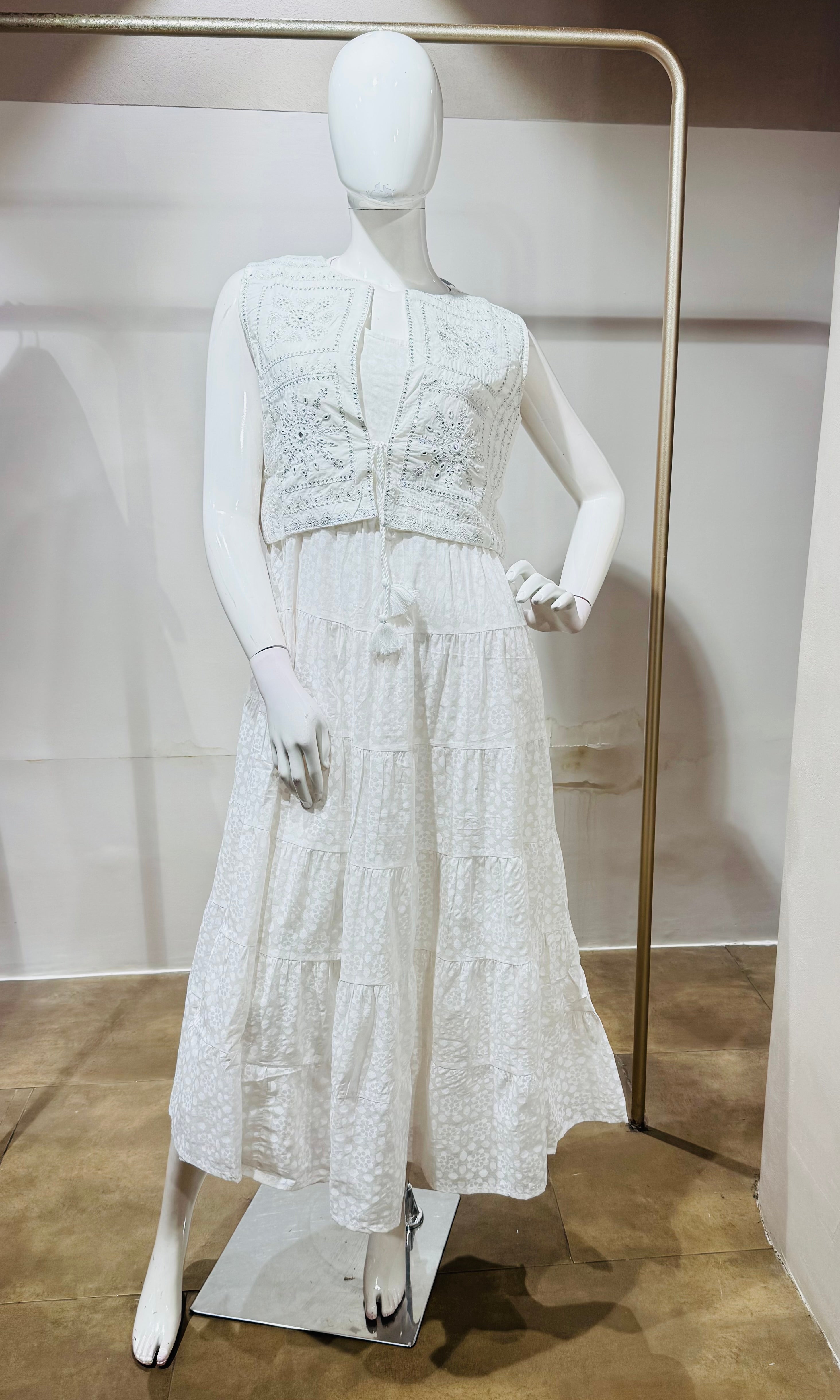 White Chikankari Embroidered frock with Cropped Jacket