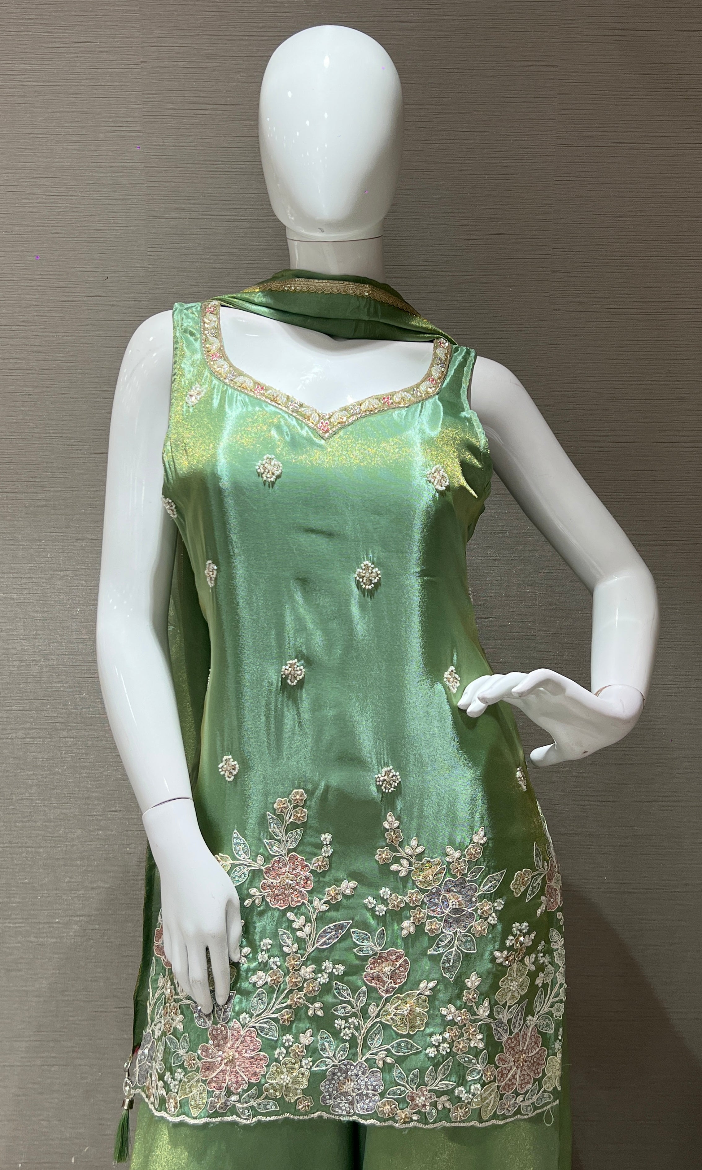 Light Green Floral Embroidered Palazoo