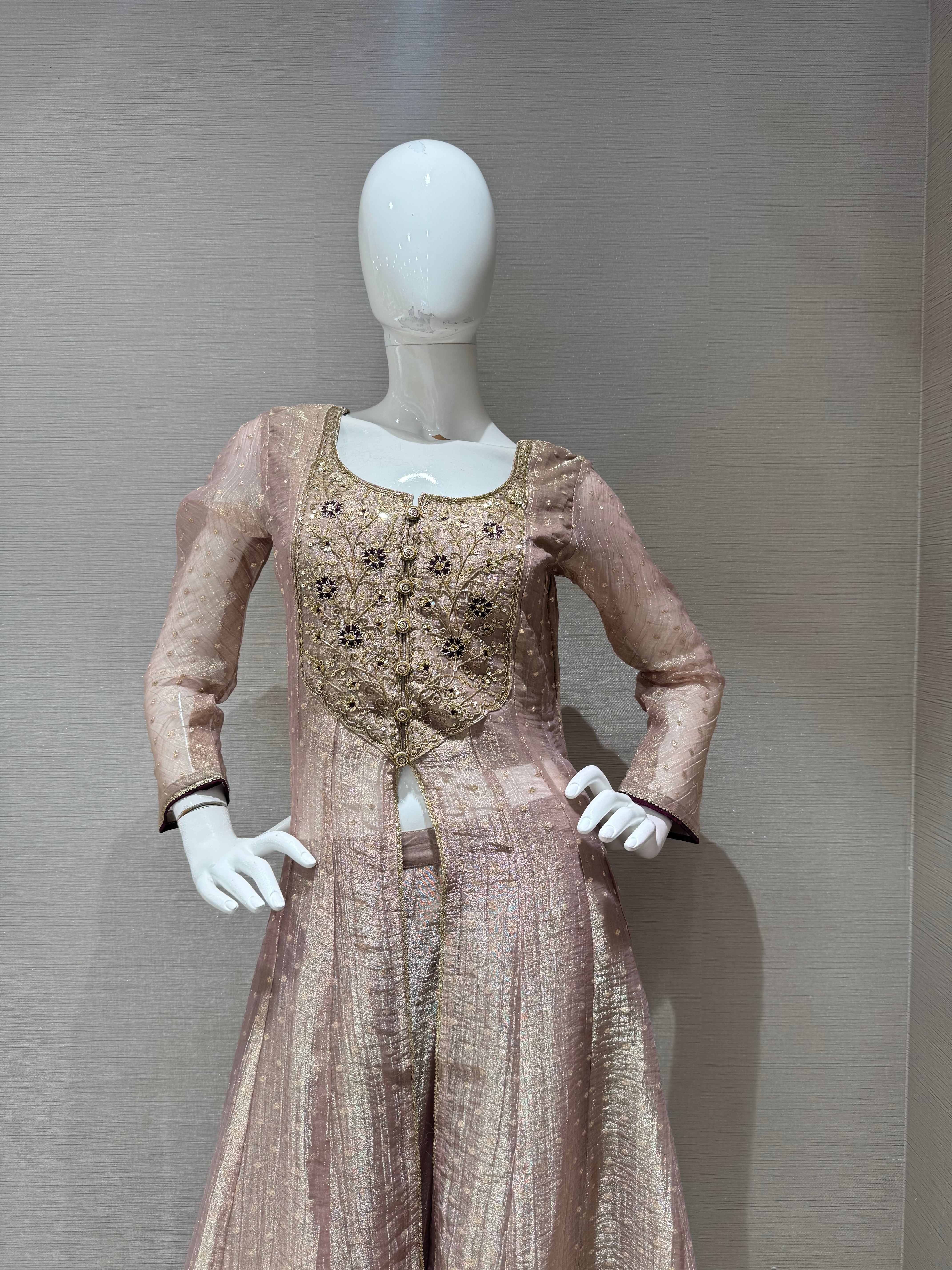 Greyish taupe tissue front slit anarkali with palazzo pants