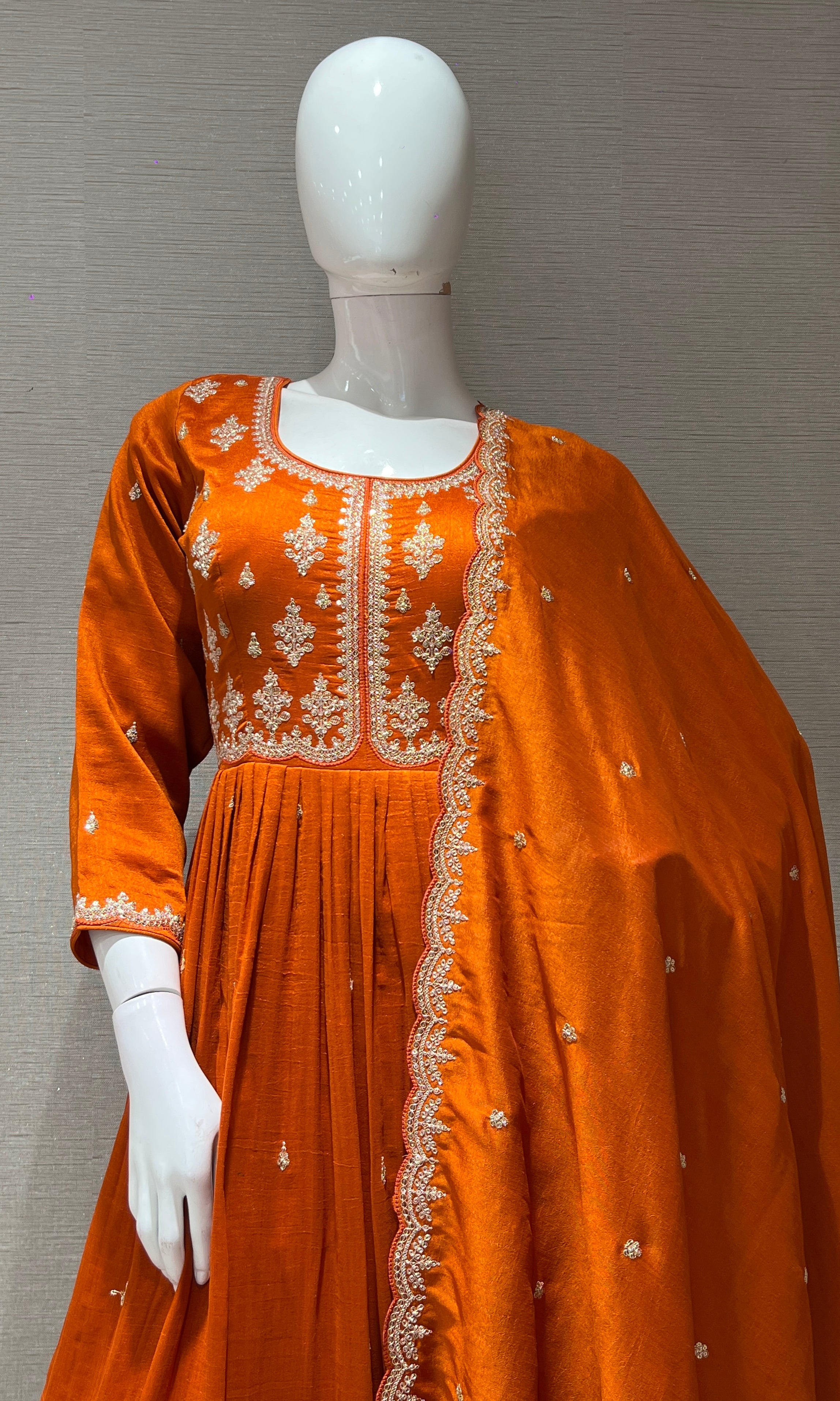 Rust EMBROIDERED LONG ANARKALI DRESS