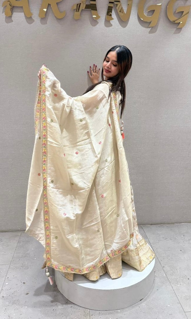 Pearl white lehenga with gold embroidered