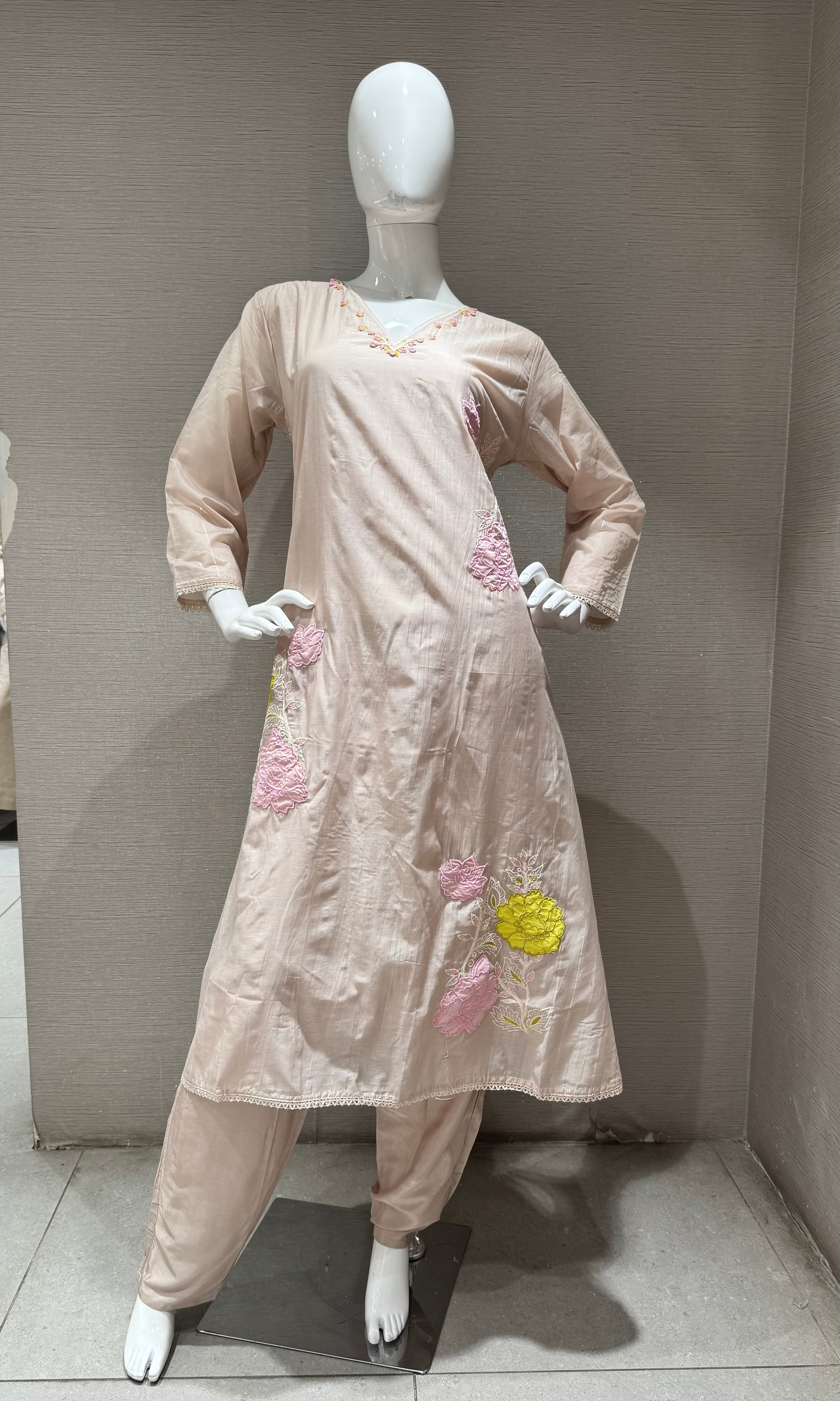 light beige kurta set with pink & yellow floral embroidery