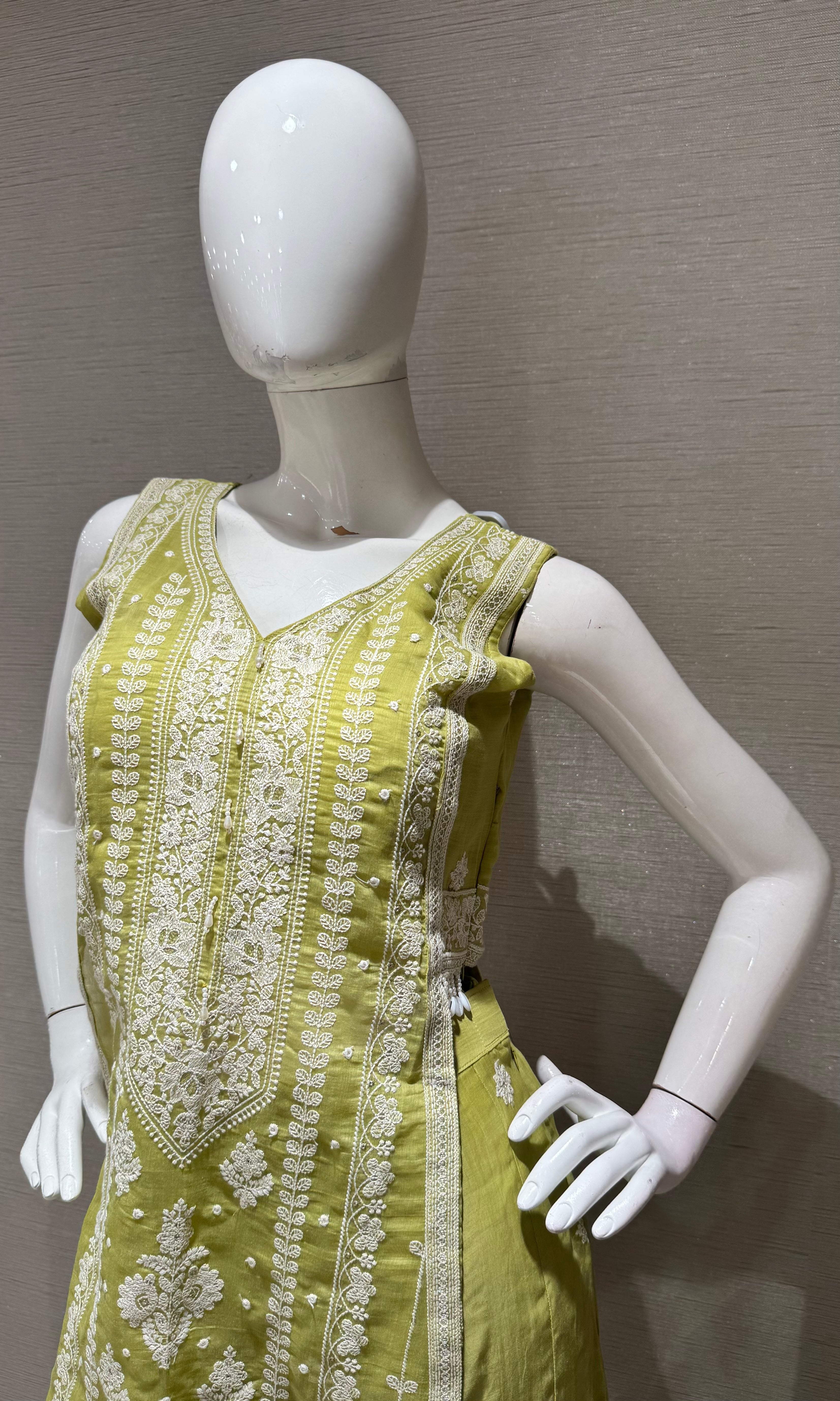Lime green Embroidered shimmer silk palazzo set