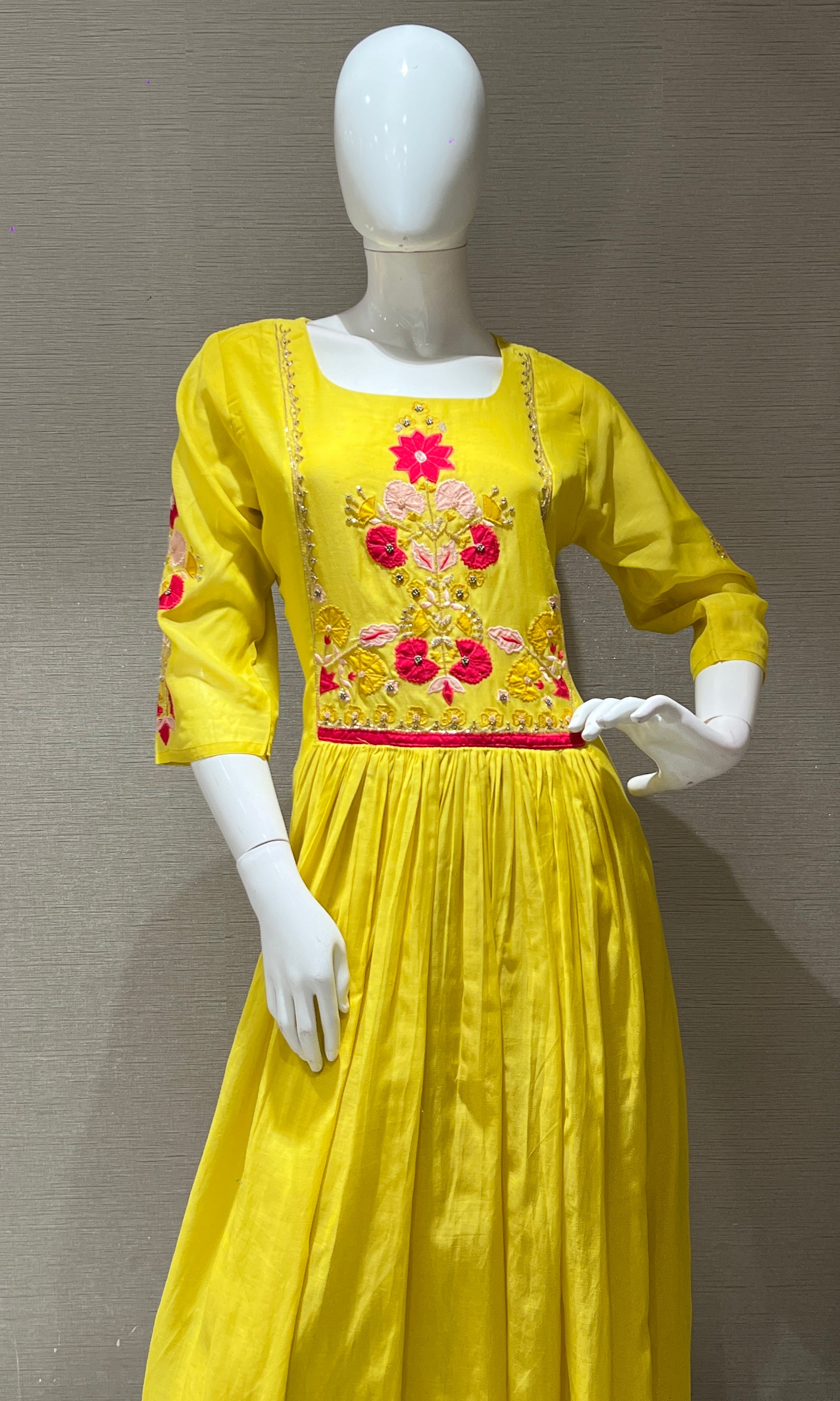 yellow MUL CHANDERI floral embroidered kurta set