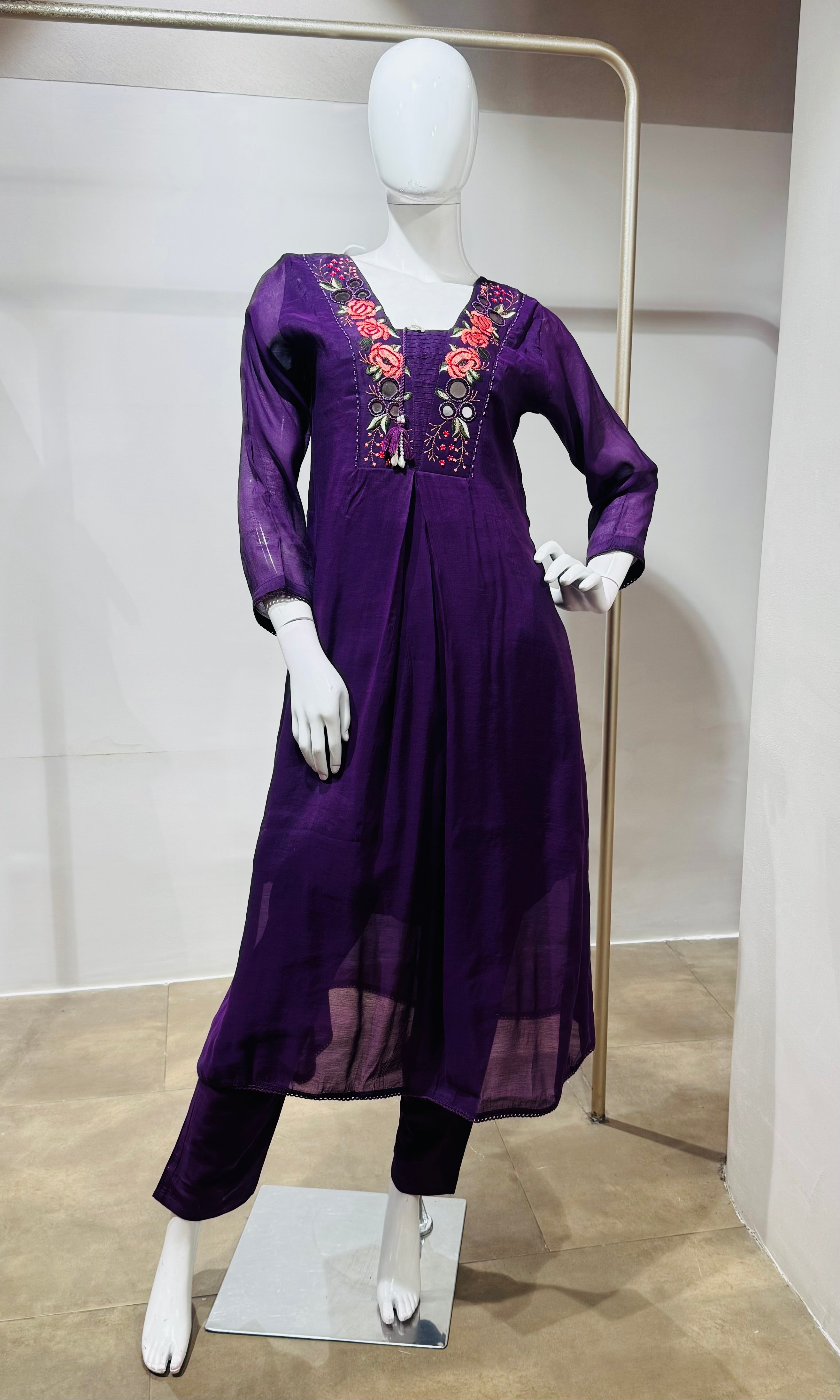 Wine Ethnic Kurta Set with Multicolored Neckline
