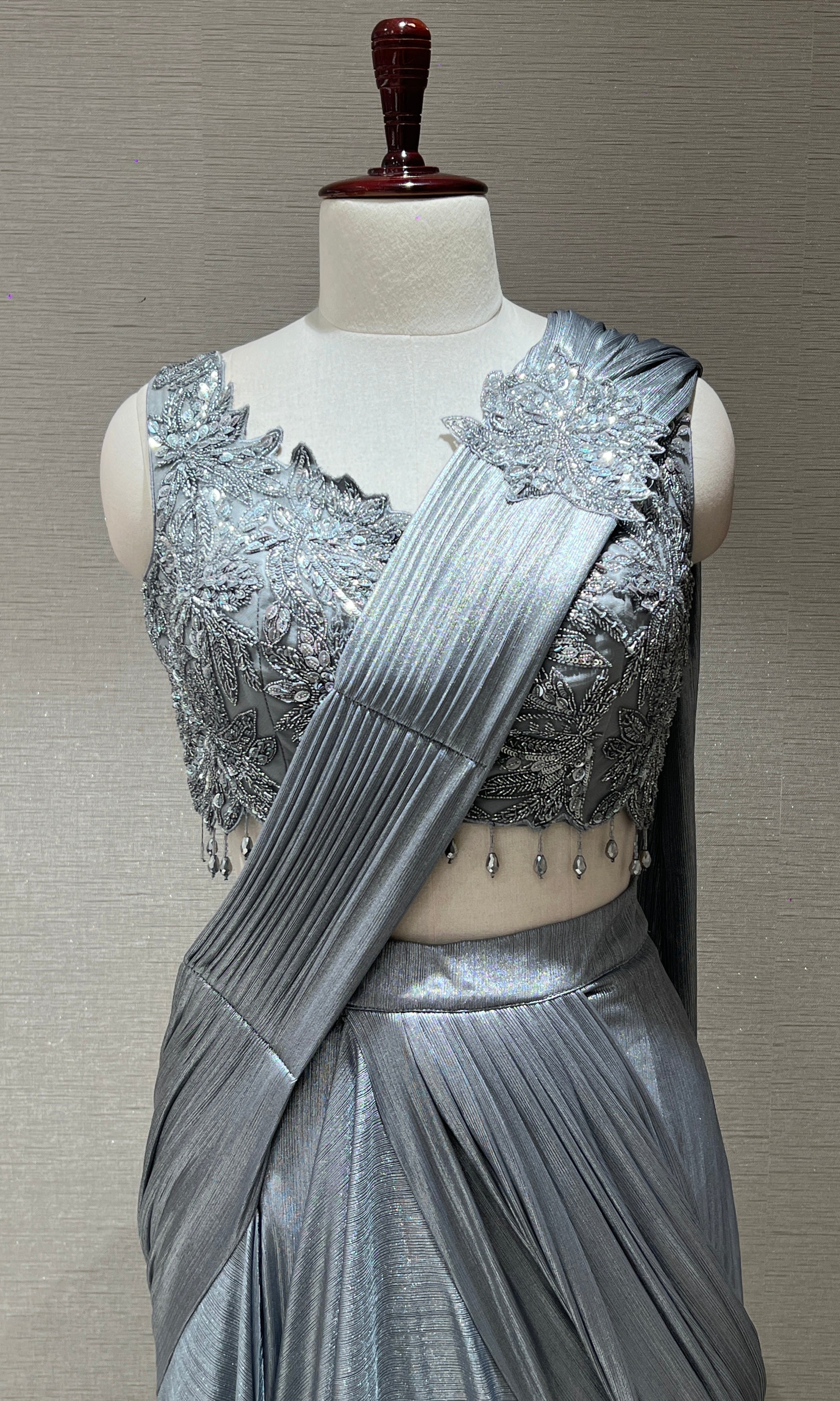 Grey drape saree with corset blouse