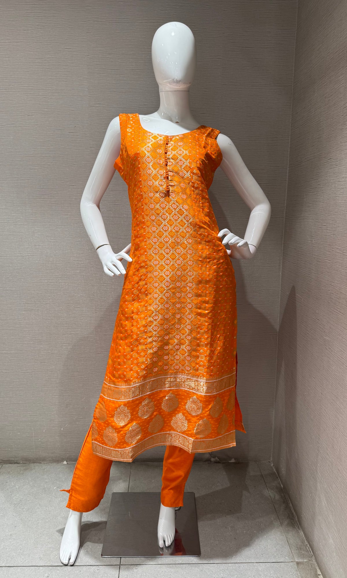 Orange Banarasi Silk Kurta Set with Gold border Dupatta