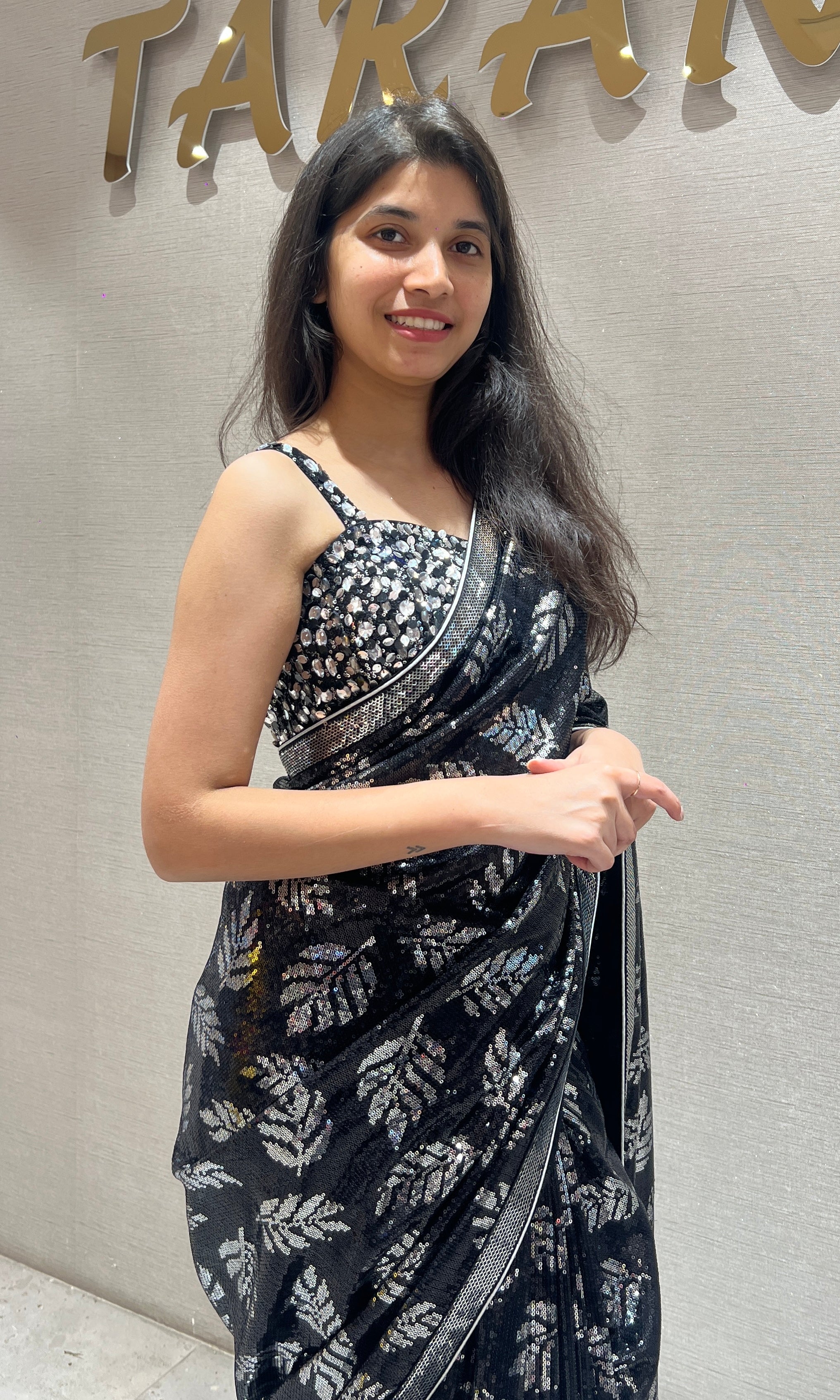Black sequin designer saree with ready blouse