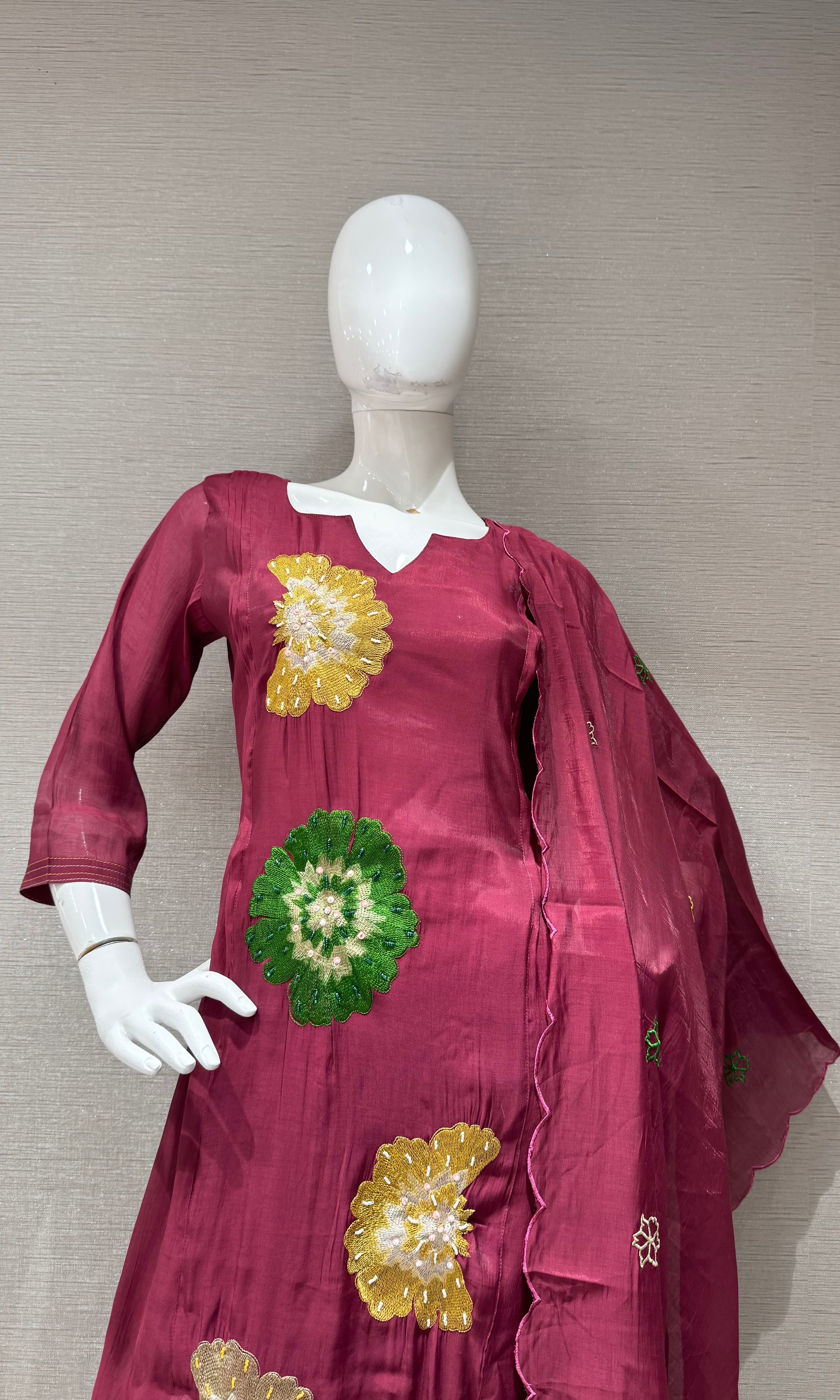 Wine cotton silk Floral Motif Kurta set with dupatta