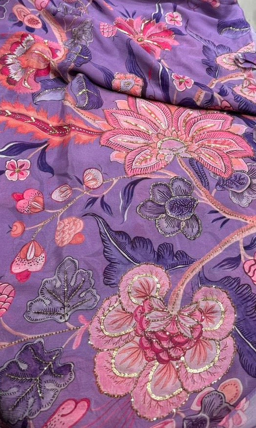 Purple floral saree with ready blouse