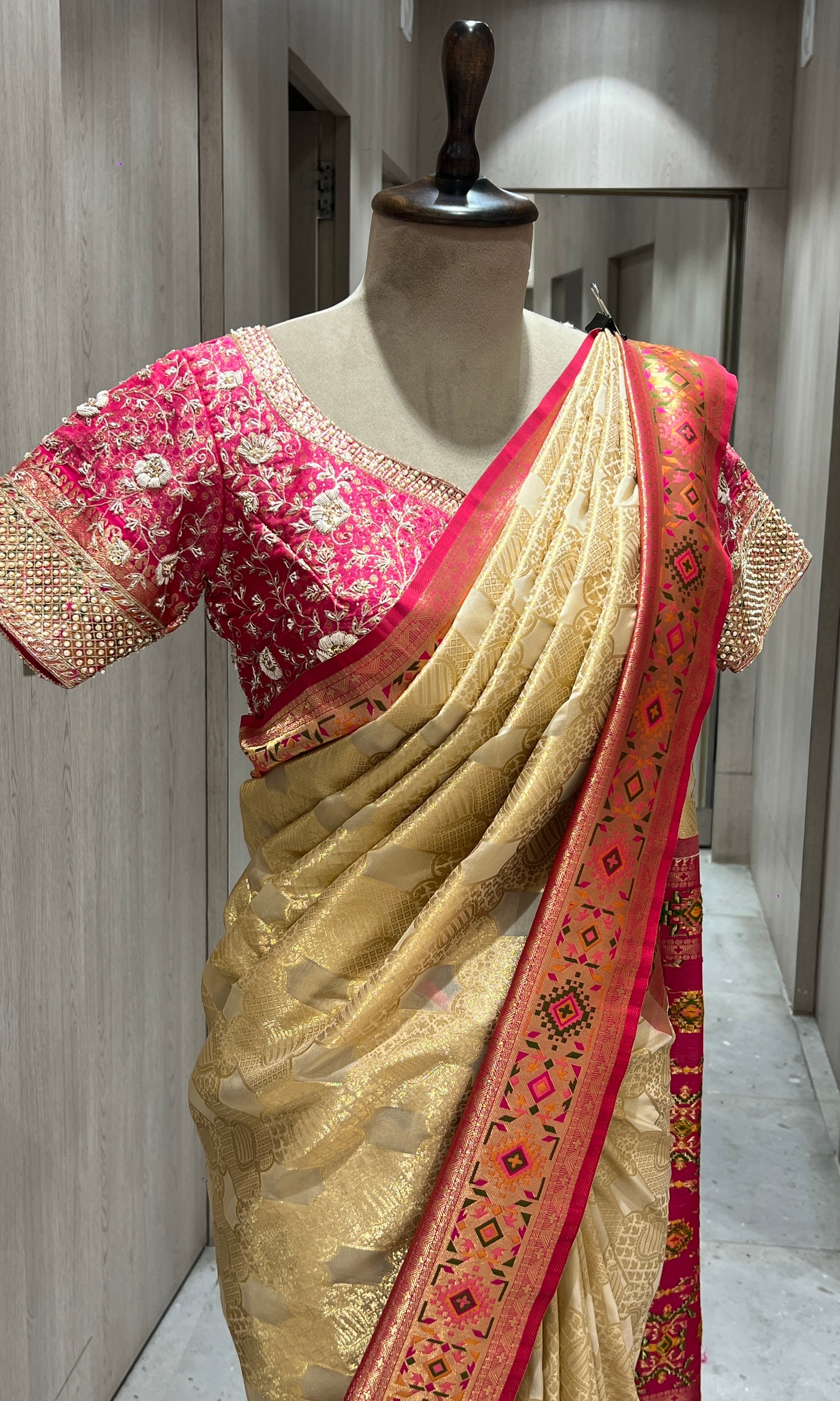 pink and gold kanjivaram saree with blouse