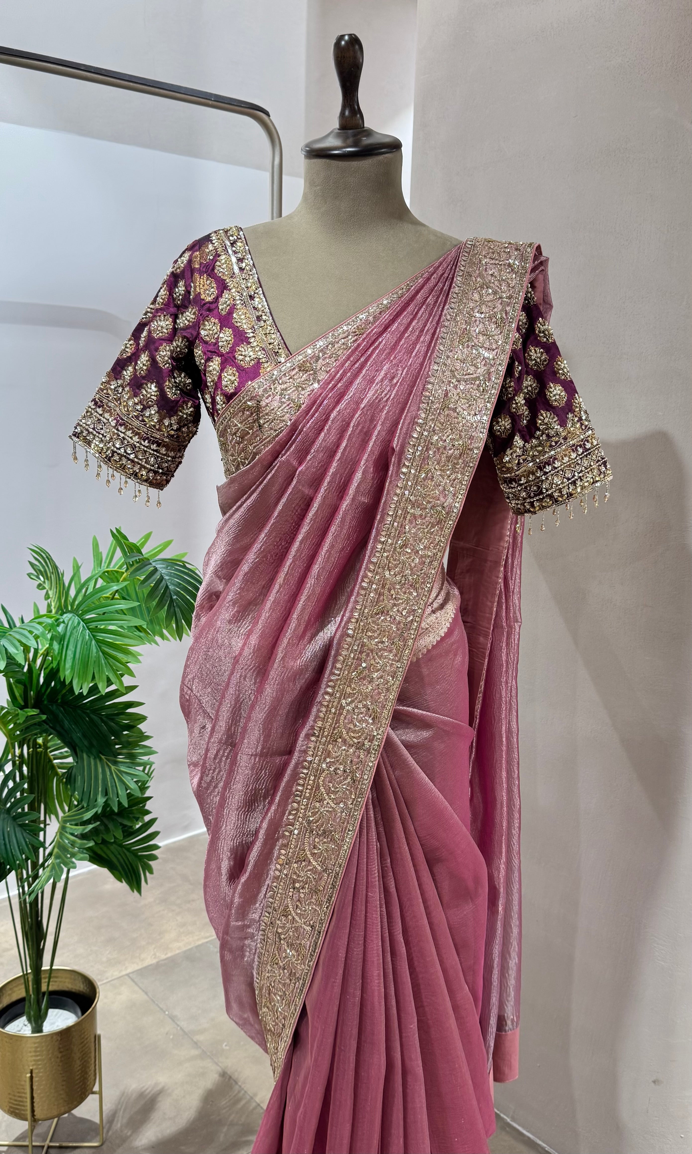 TISSUE WINE BANARASI SAREE WITH BLOUSE