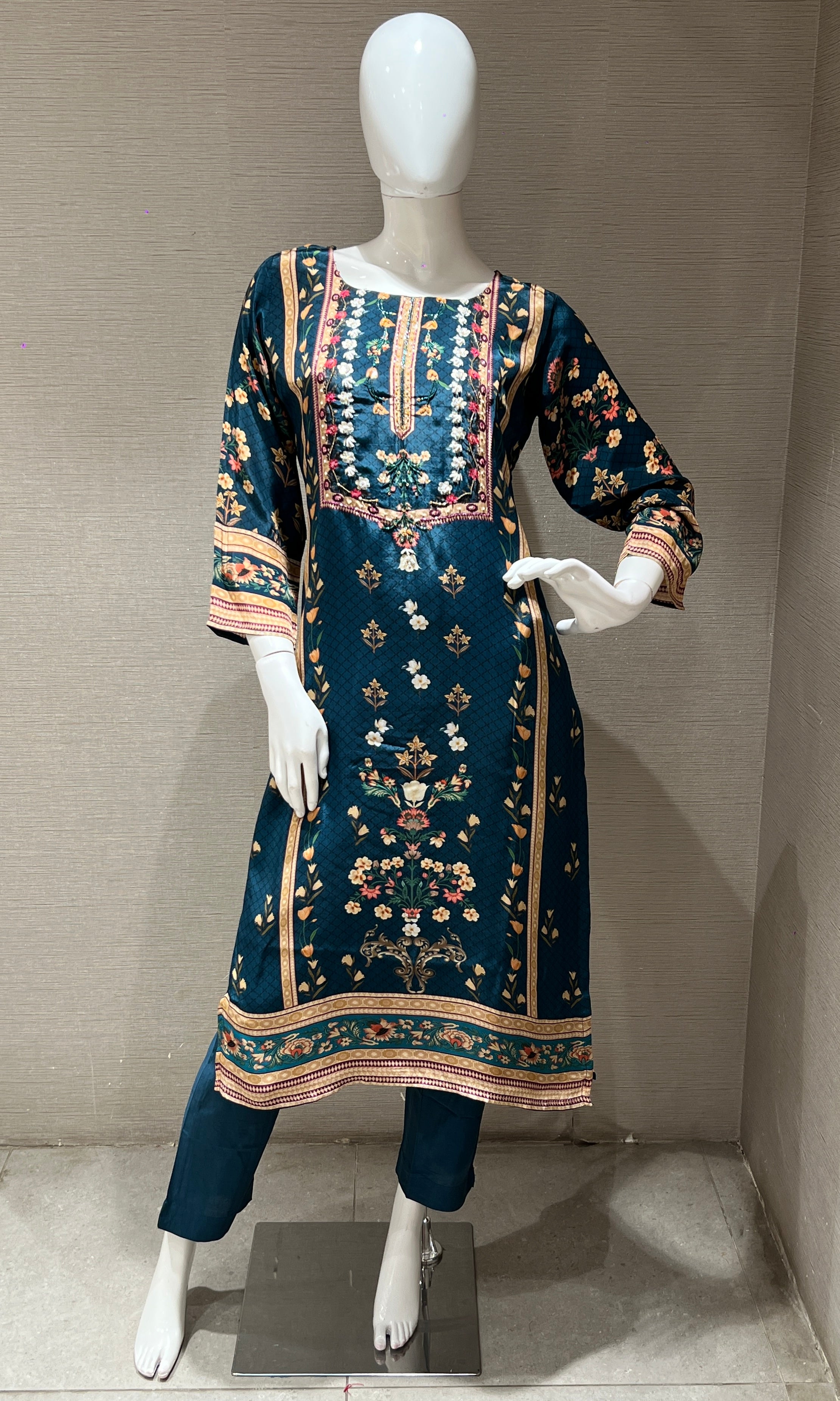 Peacock blue tussar silk kurta set