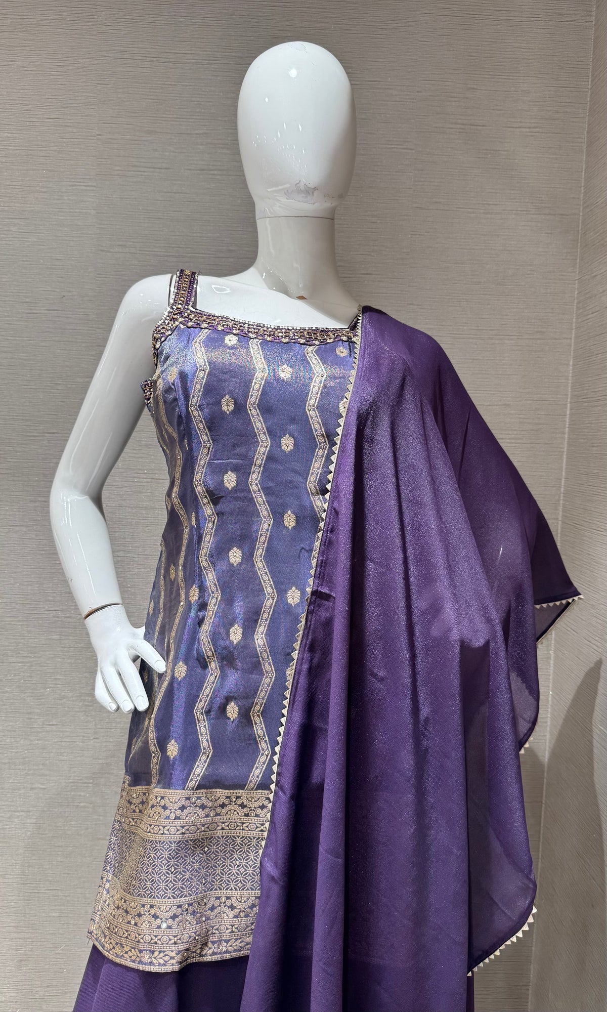 Purple Golden Georgette Flared Sharara set with Dupatta