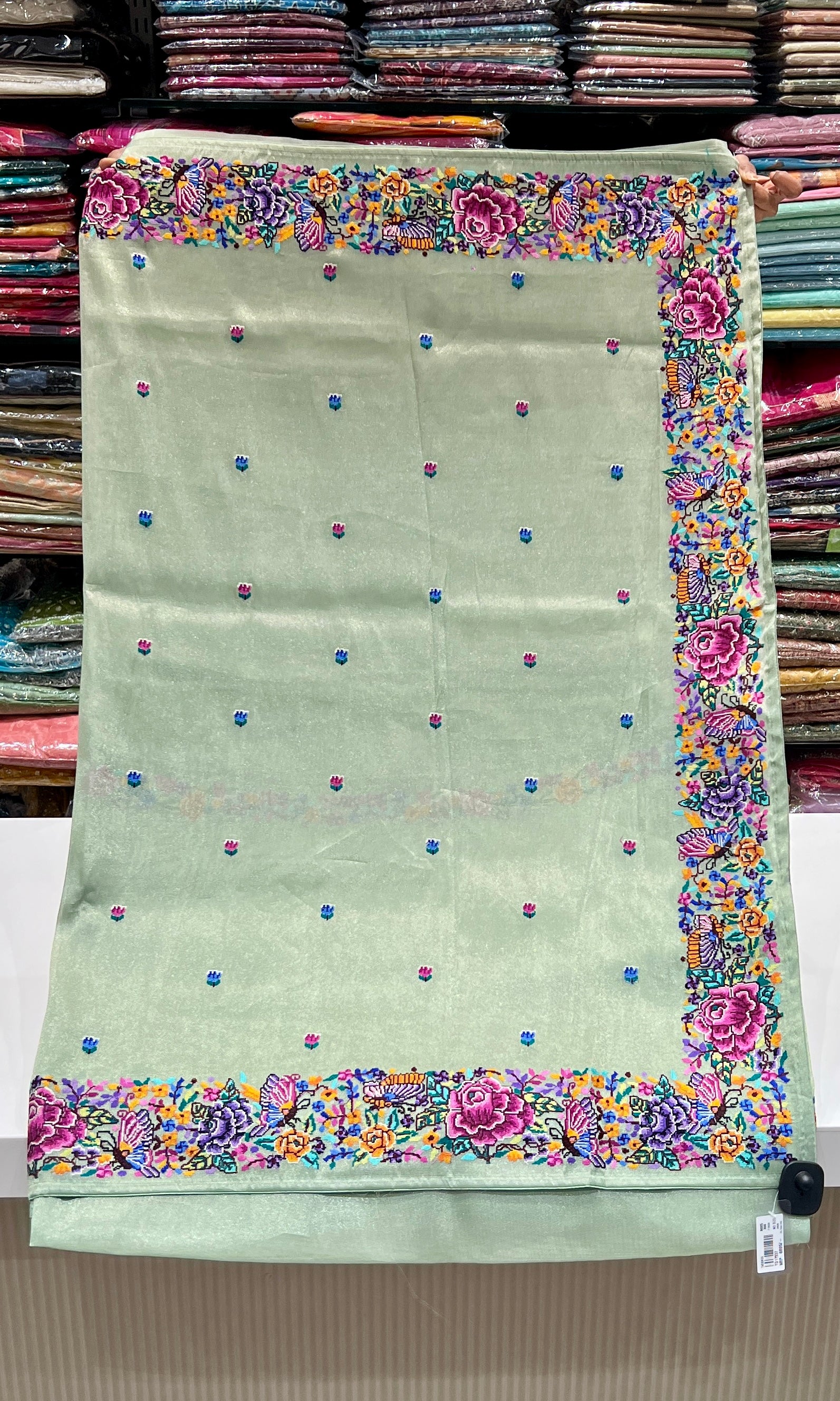 Pista Green Floral Embroidered Saree