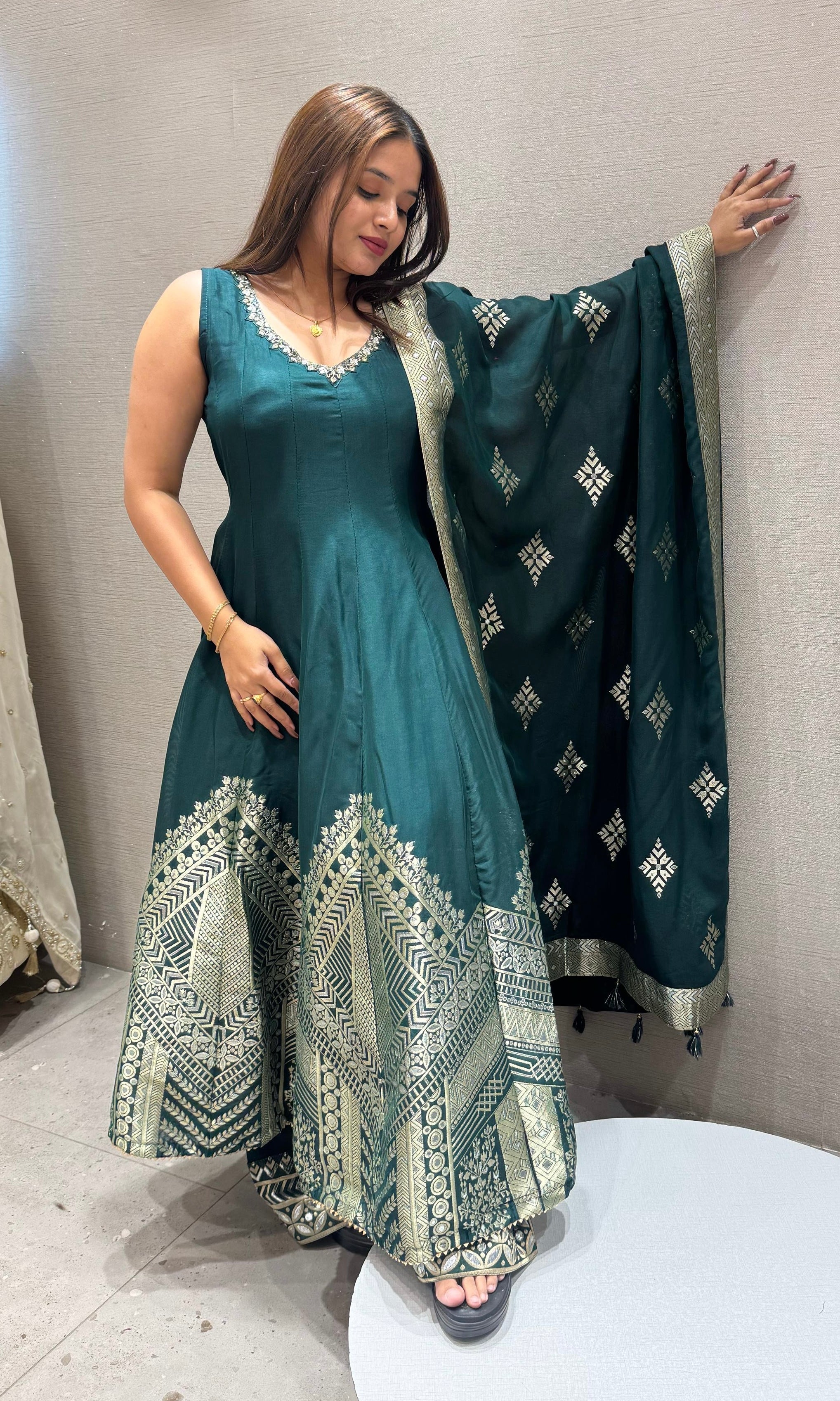 GREEN BANARASI ANARKALI WITH PALAZZO
