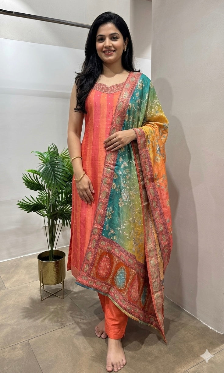 Peach ethnic striped anarkali set