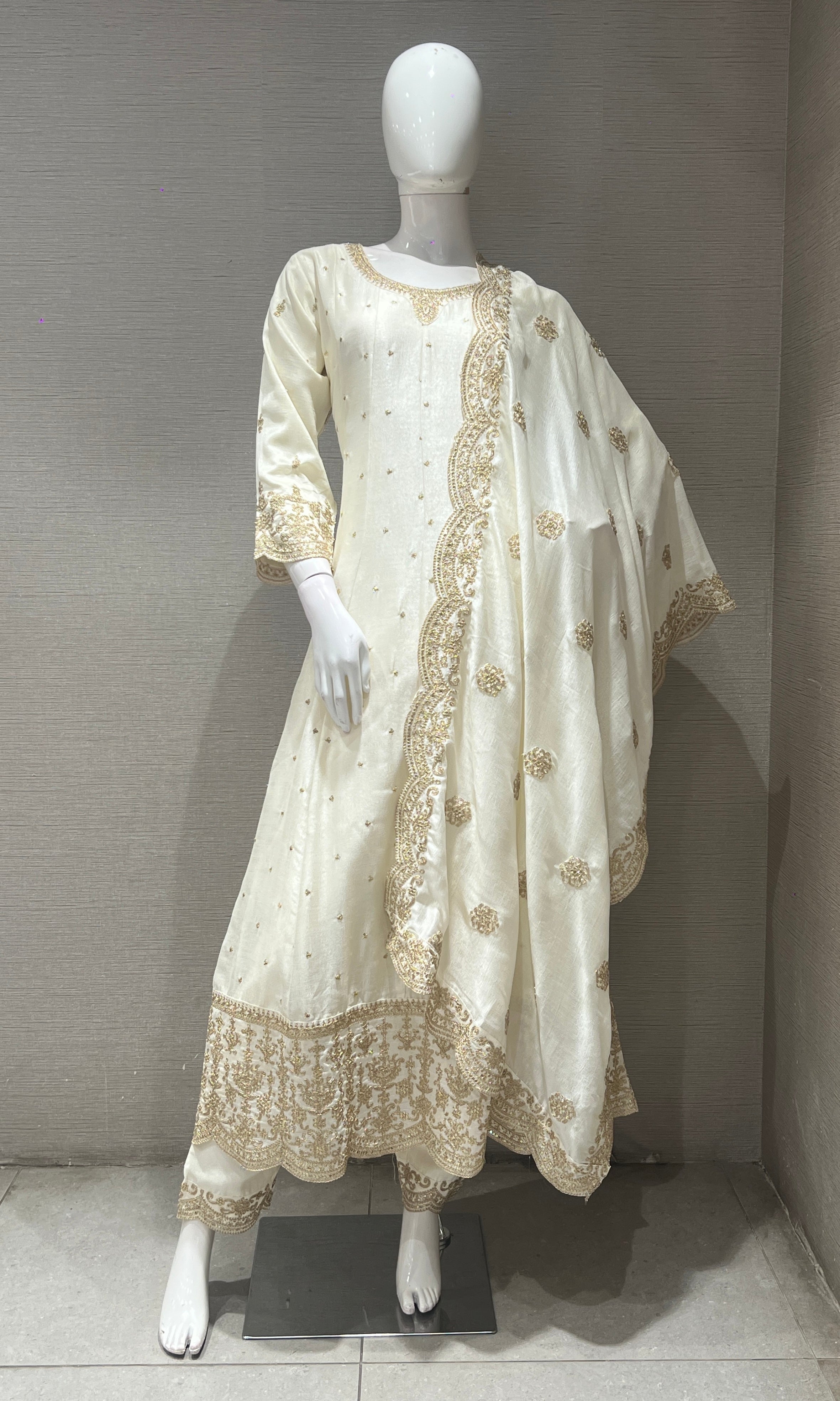 White GOLDEN EMBROIDERED Anarkali