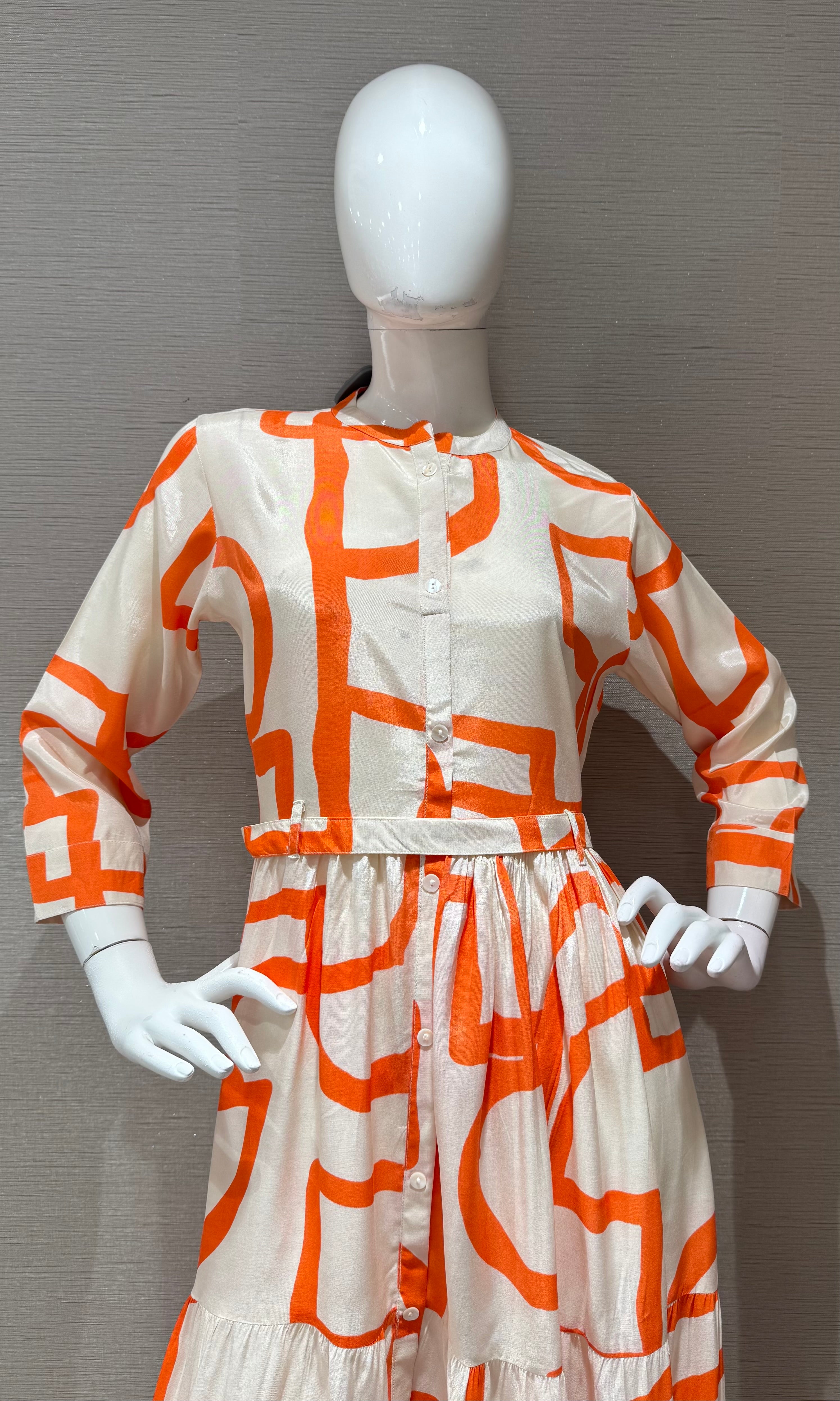 orange and white geometric tiered frock