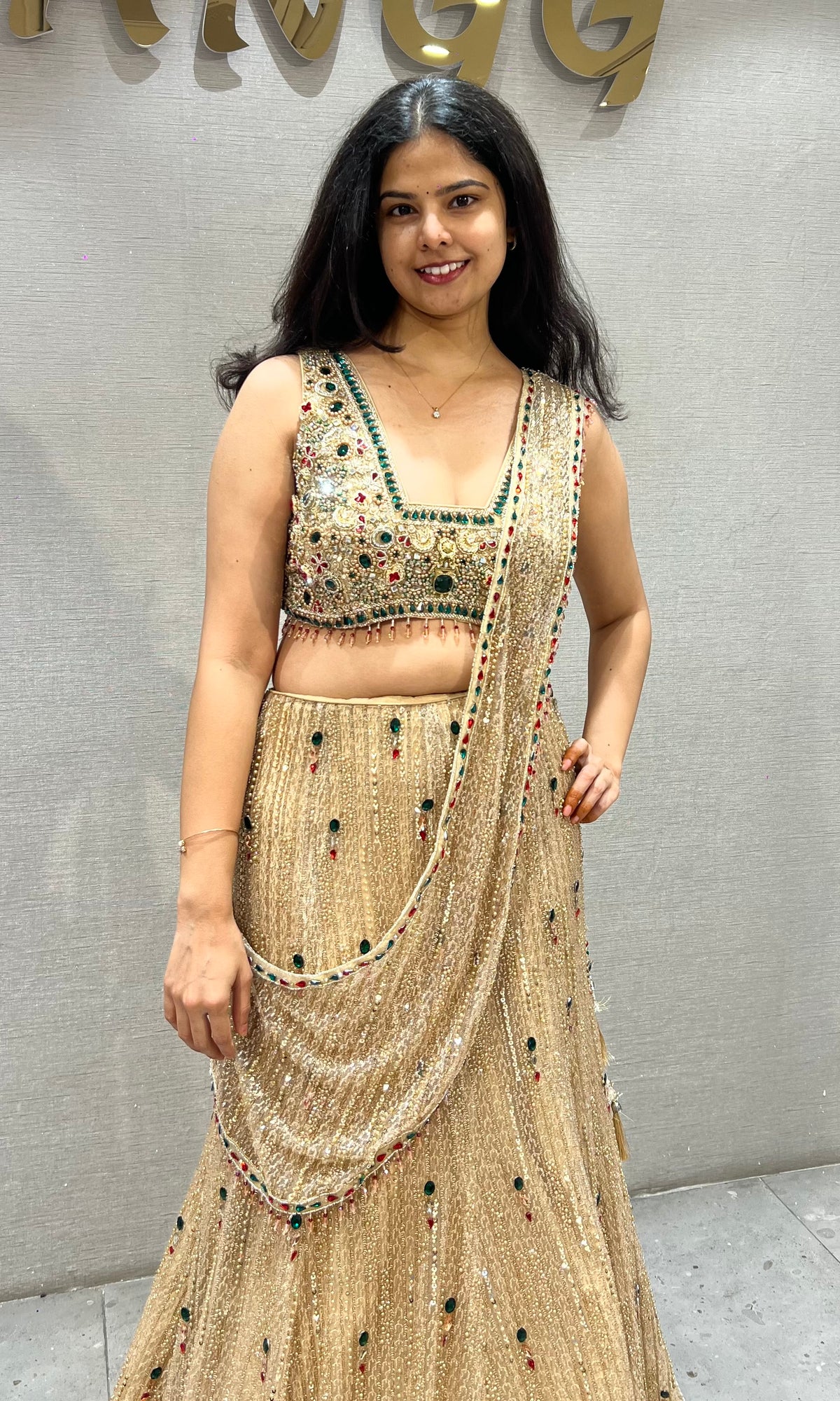 Gold Net Mermaid Lehenga with Jewel Stone & Cutdana Embroidery