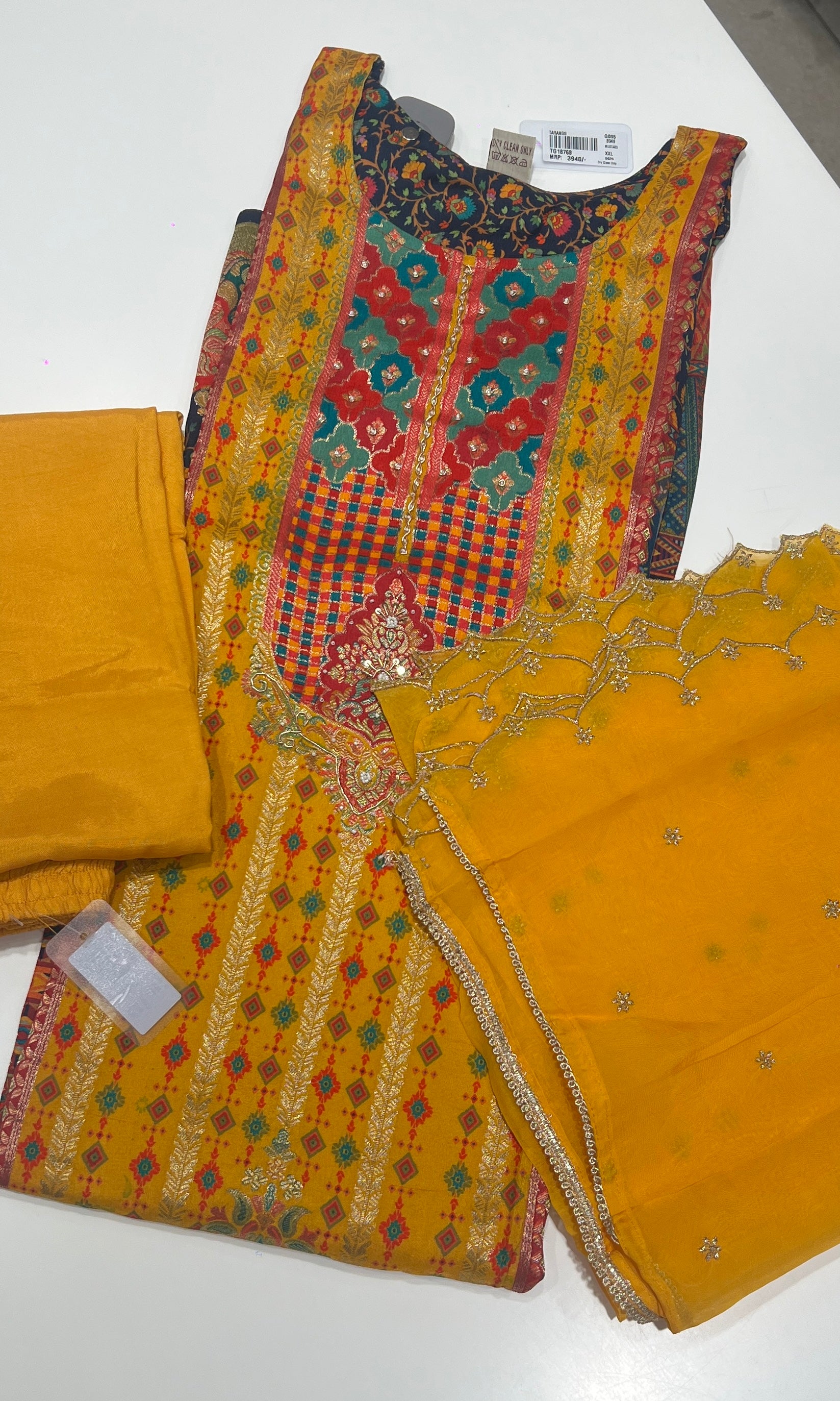 Mustard Multicolour Embroidered kurta set