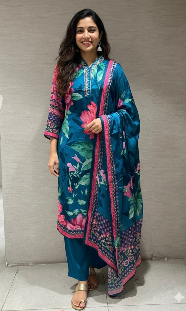 Rama blue floral kurta set