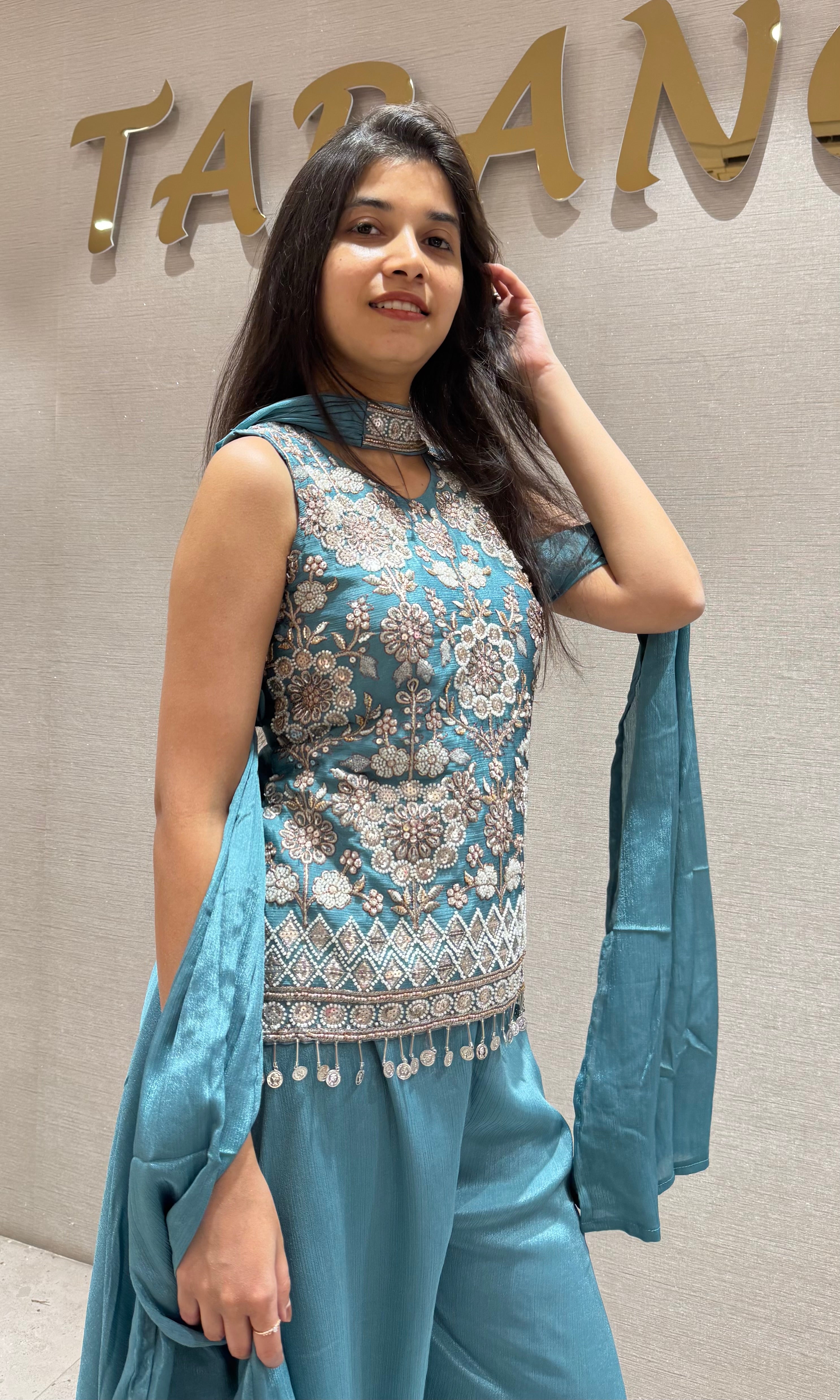 Sea Blue Embroidered Palazzo Set