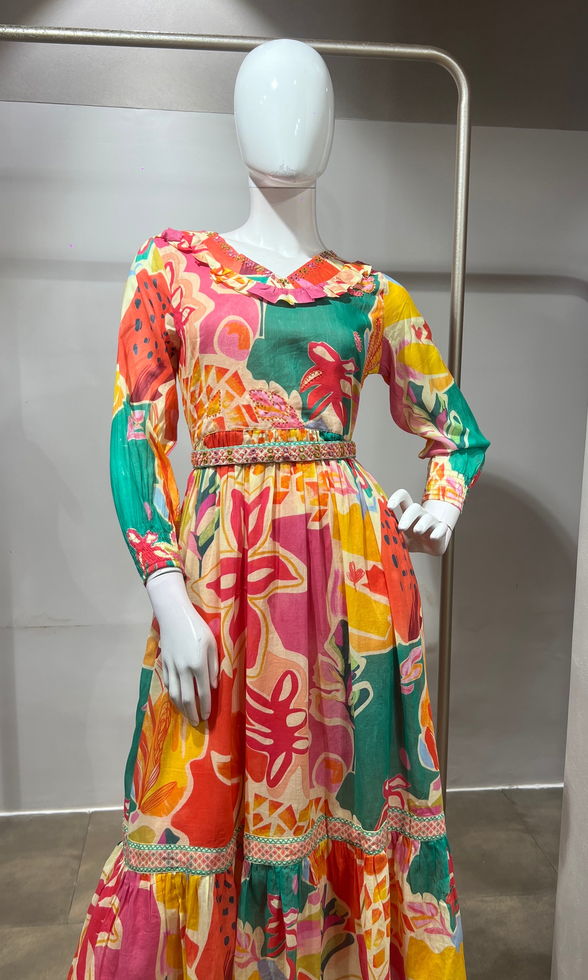 Multi Abstract Print Long Sleeve Frock