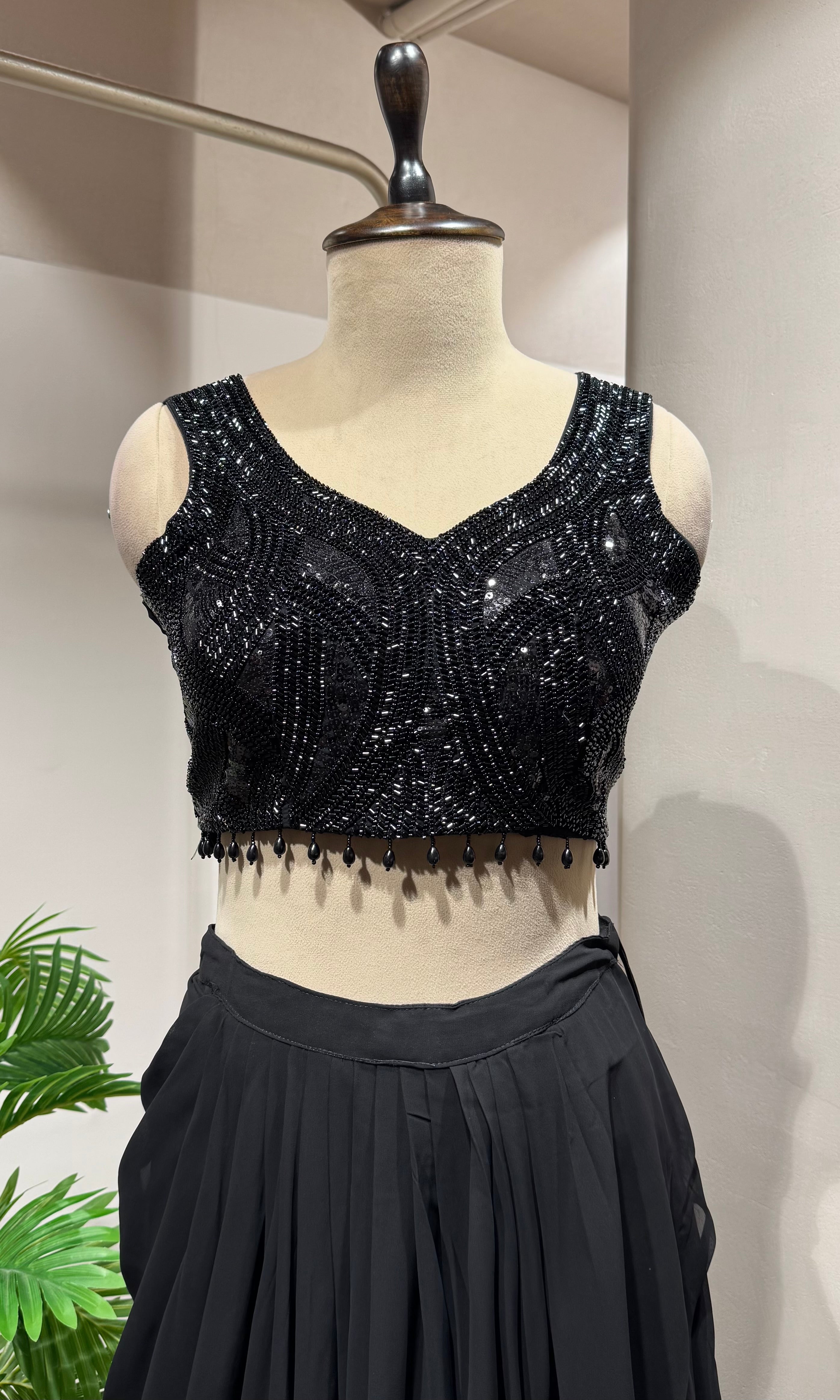 Black Embroidered Georgette Draped Skirt