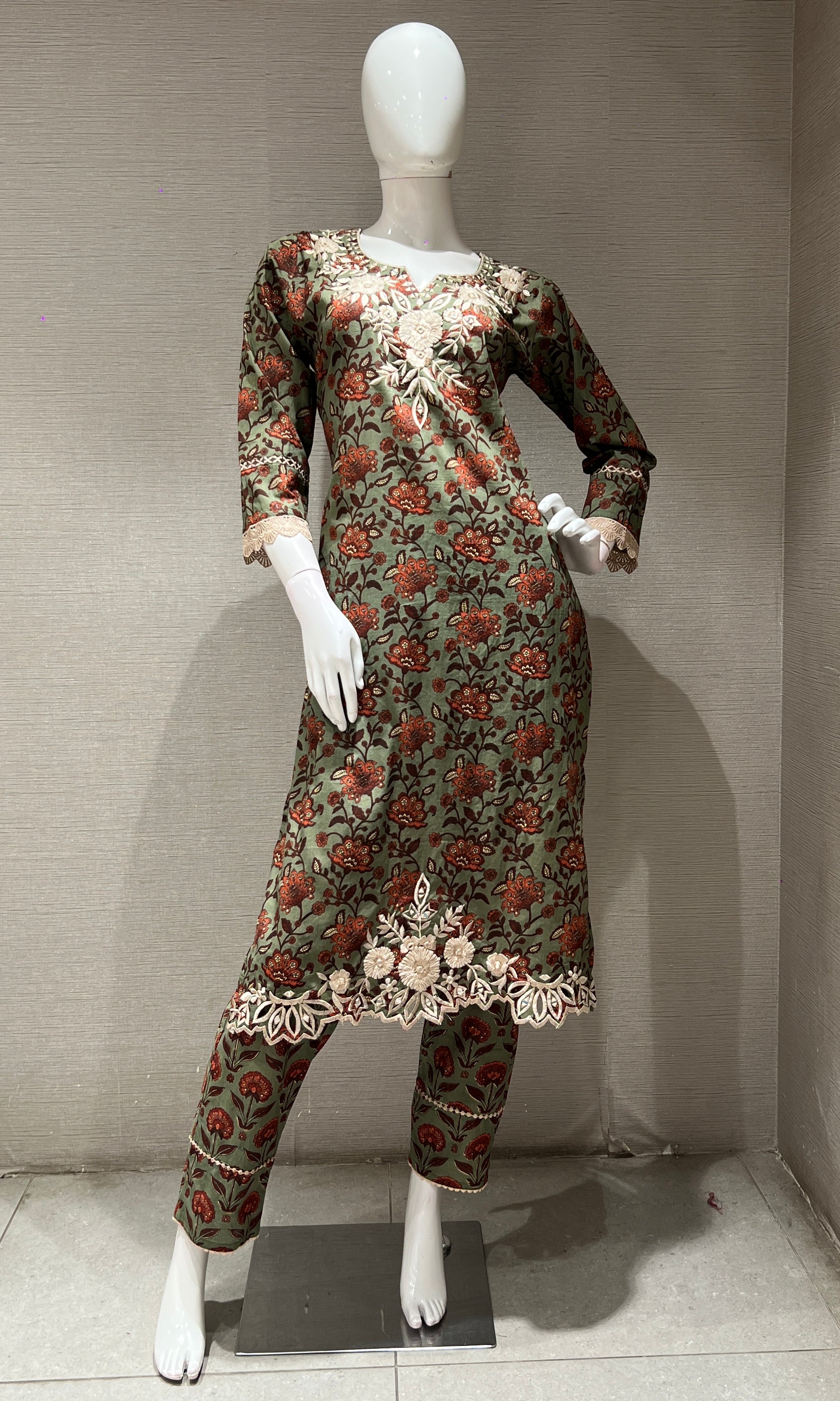 green printed EMBROIDERED kurta set