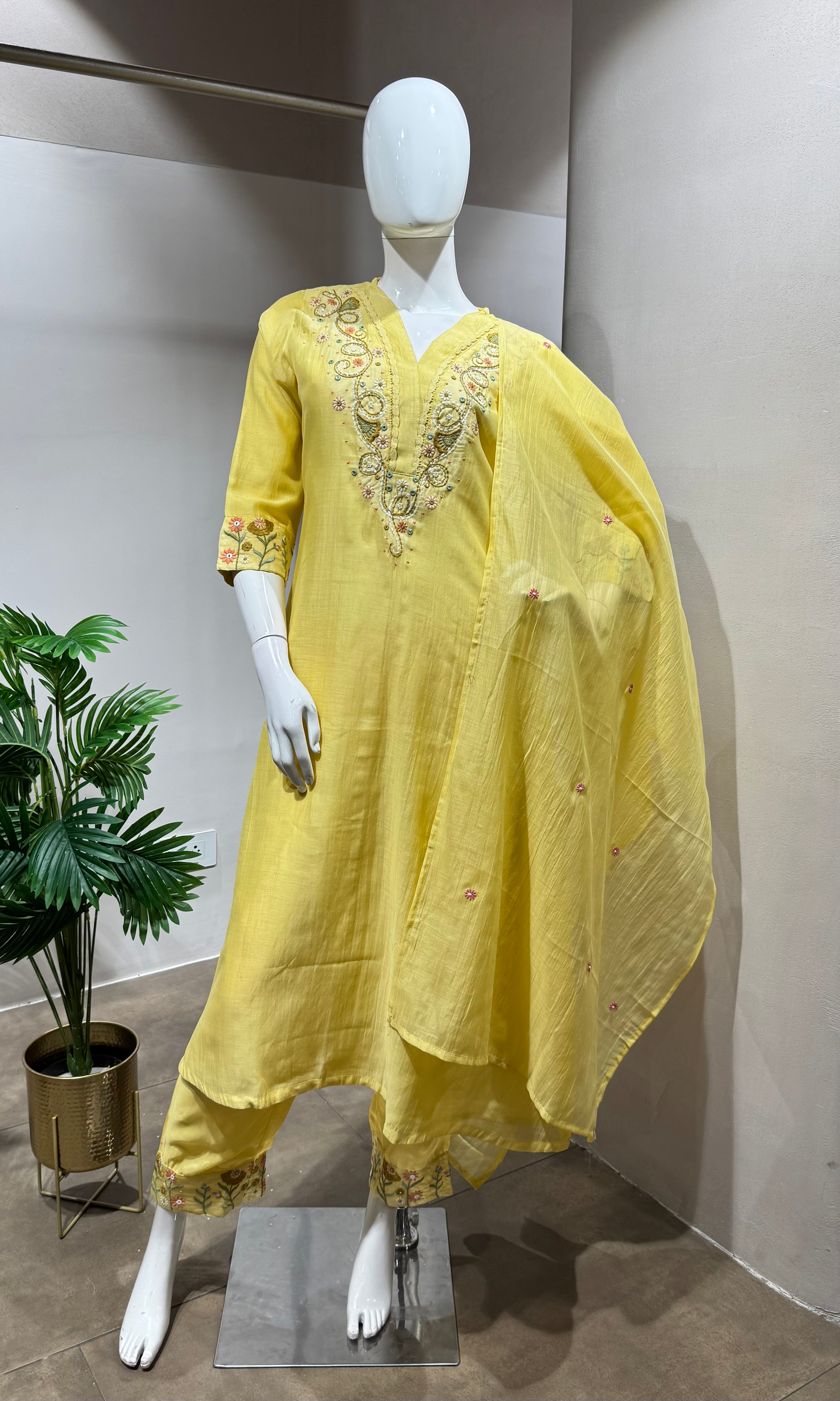 Yellow Mul Chanderi Embroidered Kurta Set