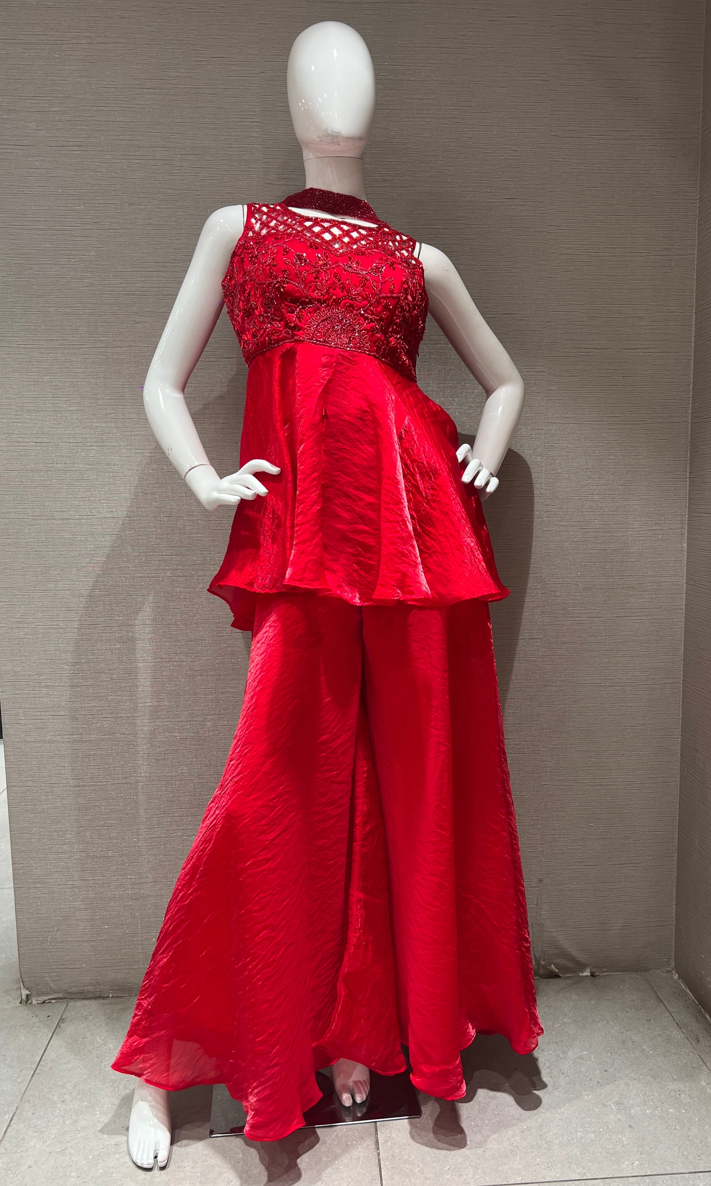 Crimson Red Ruffled Peplum Palazzo Set