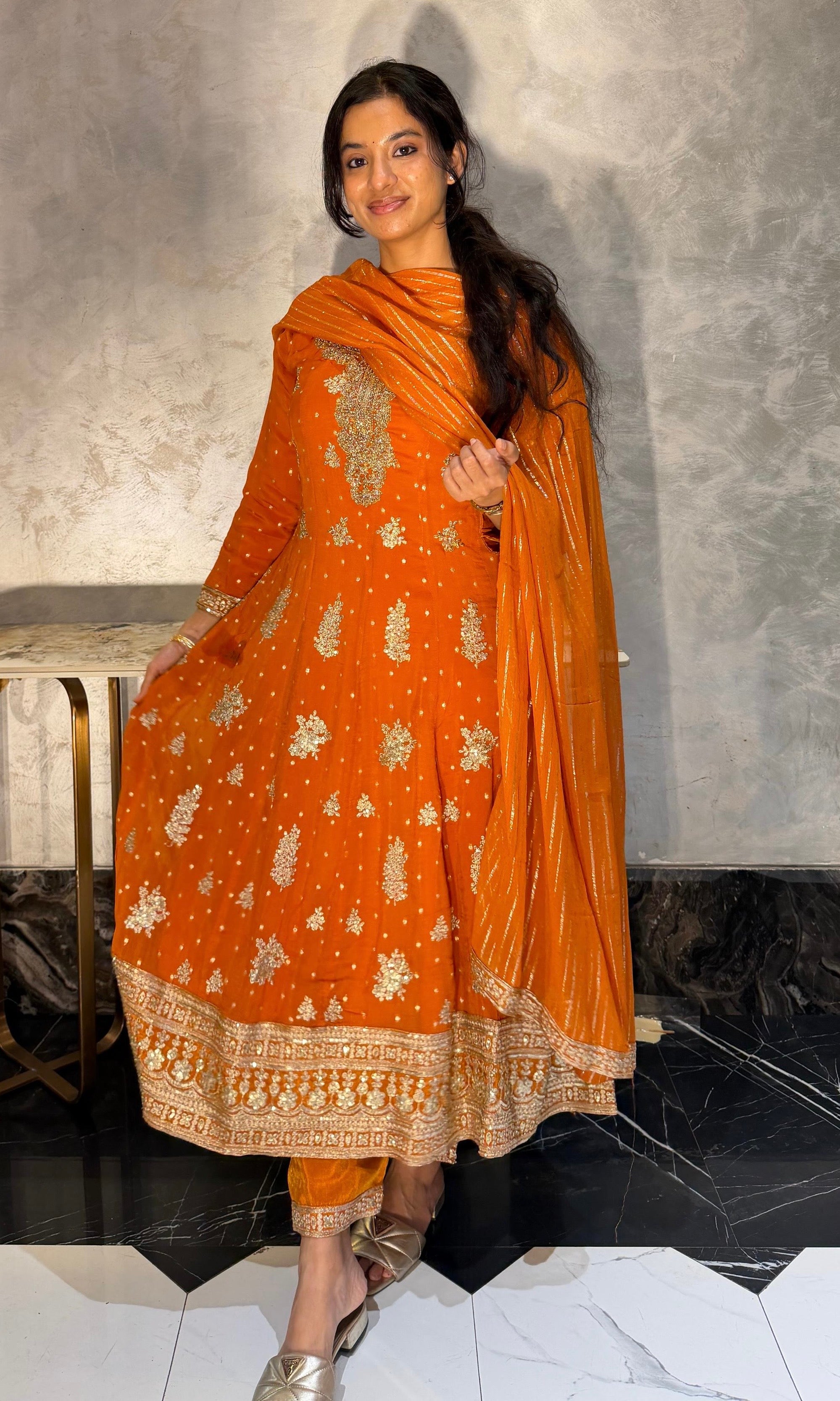RUST Gold Embroidered Anarkali set